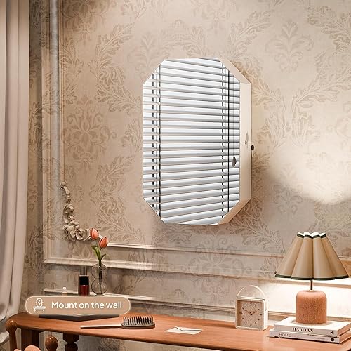 Miniatura 8 de Bonnlo Armario de joyería moderno en forma de diamante, organizador octogonal con cerradura con espejo, montado en la pared para ahorrar espacio