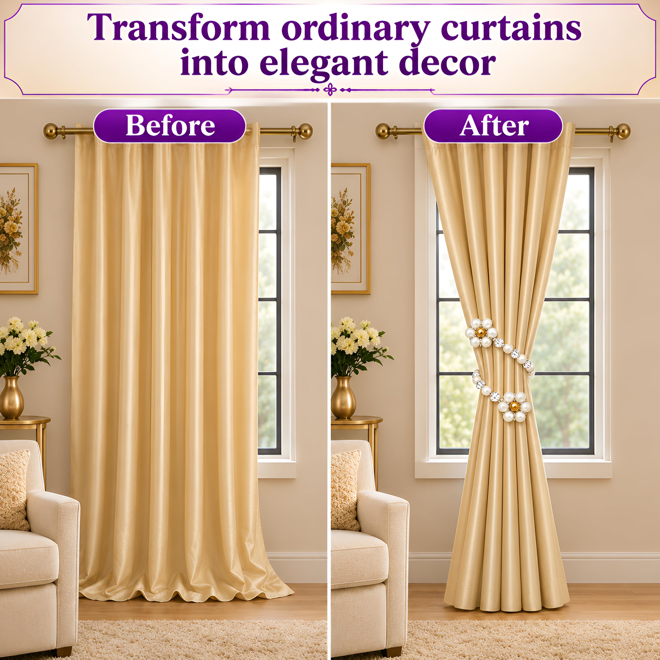 MERAV Handmade Curtain Tiebacks | Drape Floral Holdback Clip | Pearl Decorative Holder Tie for Window | Crystal White (1 Pair - 2 Pcs) 2