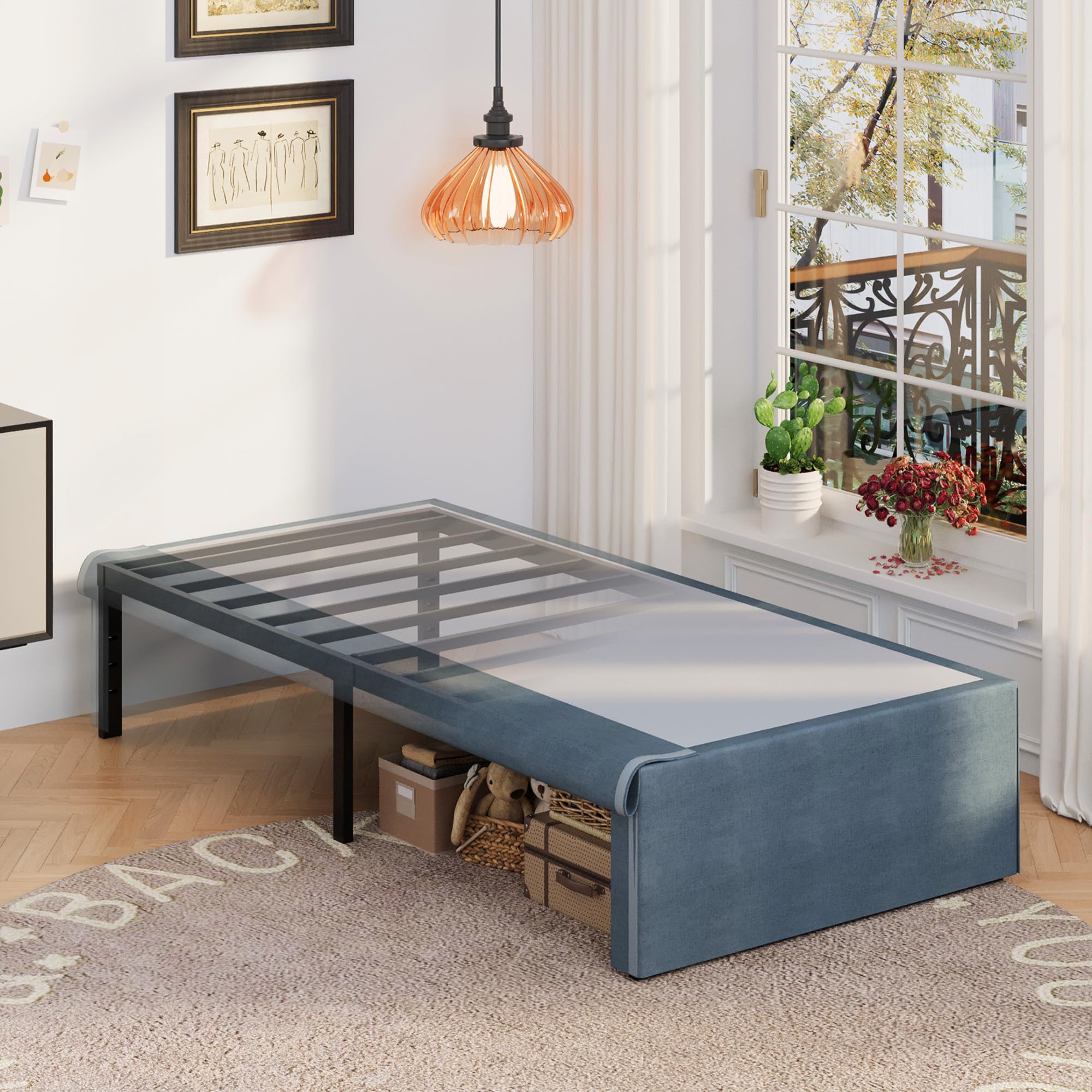 Upcanso 16 Inch Twin Bed Frames with Fabric Cover, Metal Twin Platform Bed Frame with Storage Heavy Duty Mattress Foundation No Box Spring Needed,