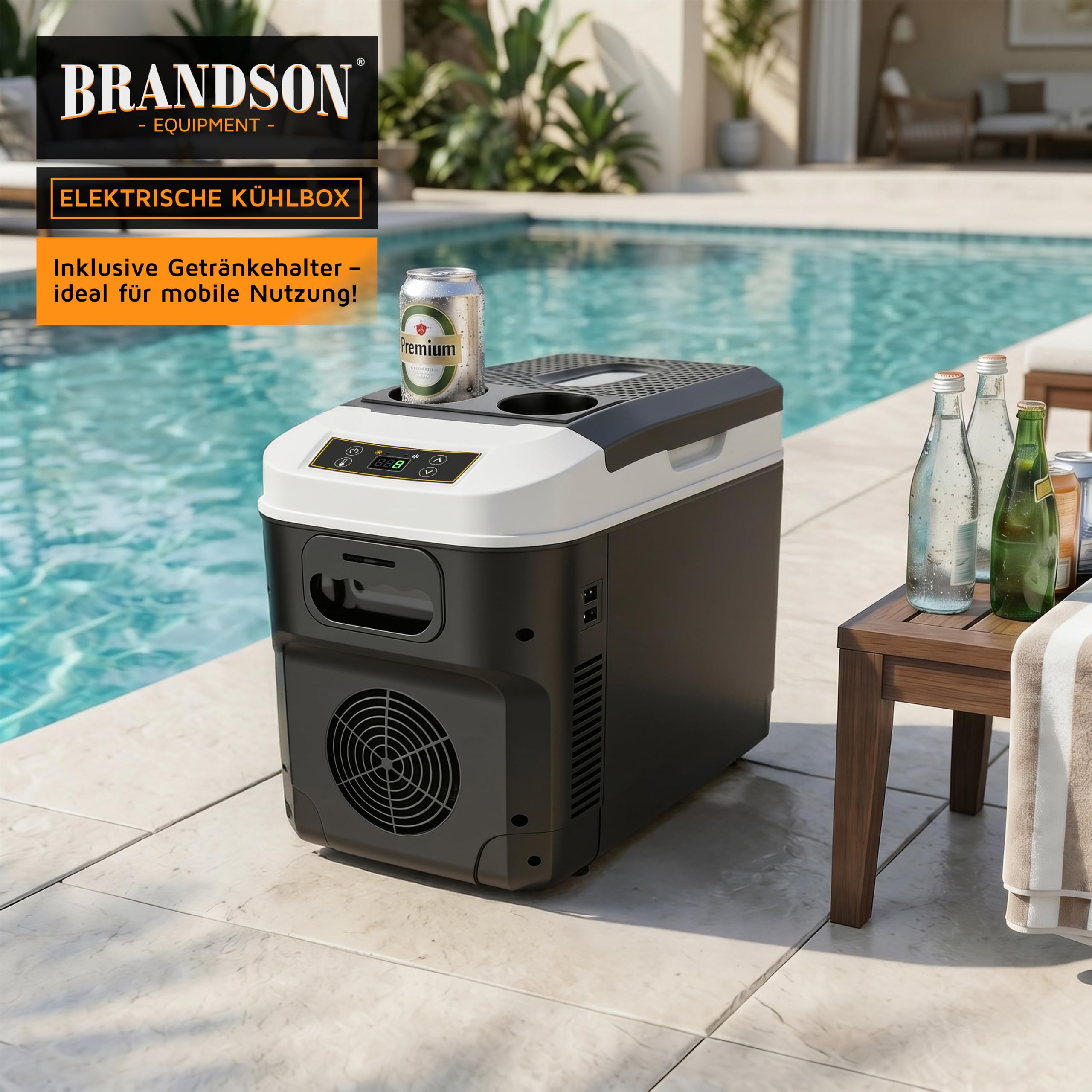 Brandson - Kühlbox elektrisch 14L – 230 V Netzspannung und 12 V KFZ Auto Bordspannung – kühlt und wärmt – Heizen max. 65°C – Herabkühlen ca 20°C unter der Umgebungstemperatur - Schwarz
