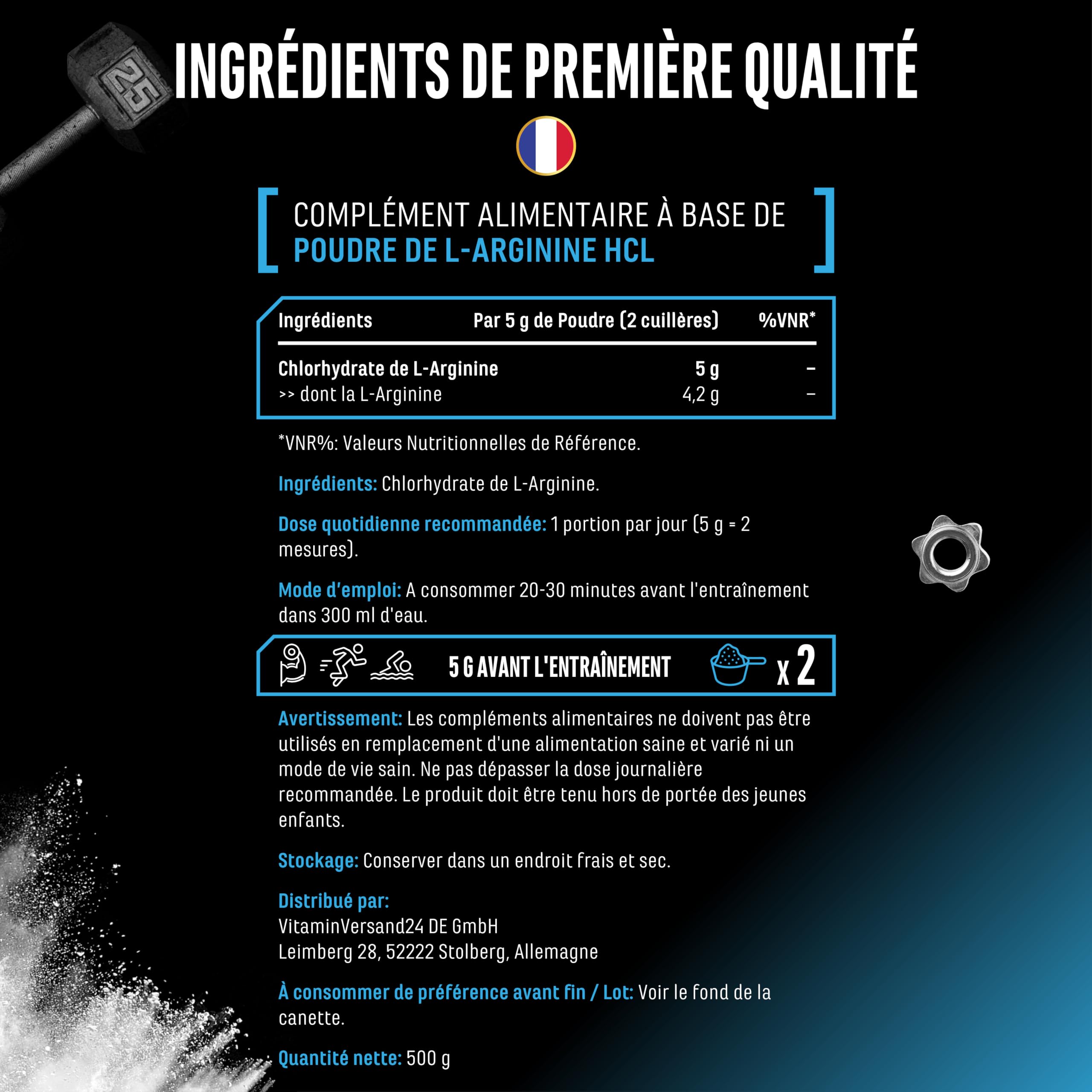 L-Arginine HCL - 500 g en Poudre - L-Arginine Hydrochloride - Premium : Acides Aminés Végétaux - Solubilité optimale - Poudre pure Sans Additifs - Végan