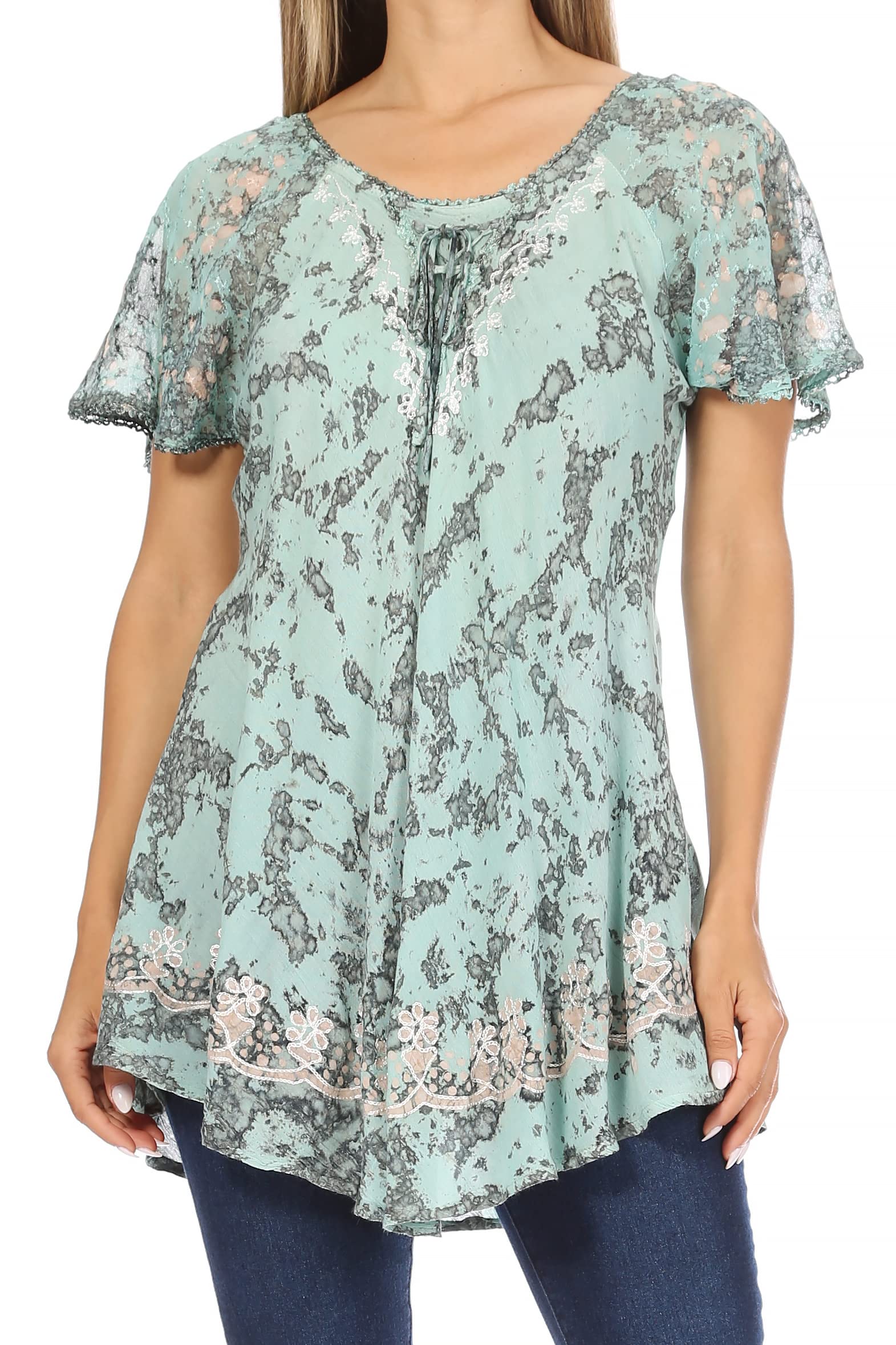 Sakkas Ash Speckled Tiedye Embroidered Cap Sleeve Blouse Top with Embroidery Hems