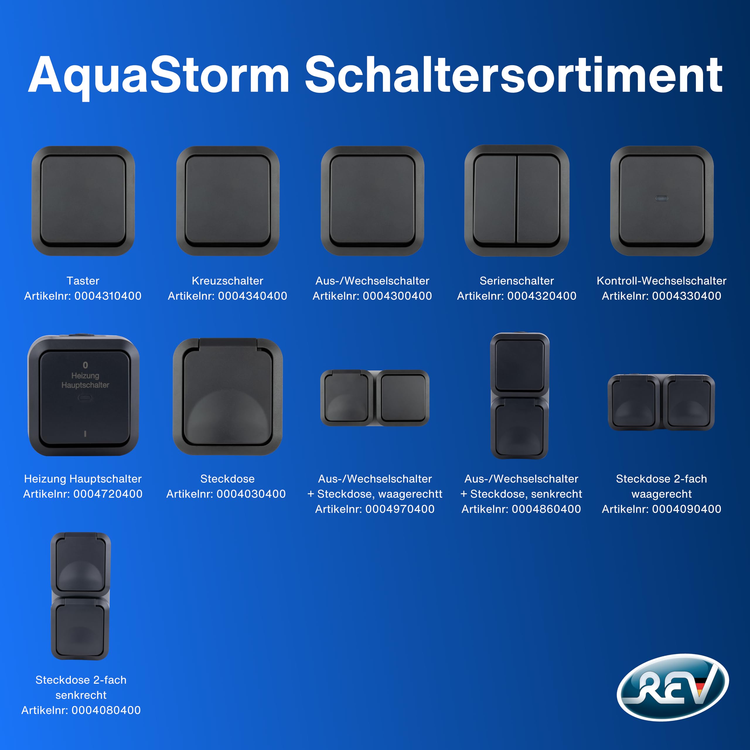 REV AquaStorm - Juego de 5 enchufes con interruptor de luz, para ambientes húmedos, IP55, vertical, 230 V, 16 A, antracita