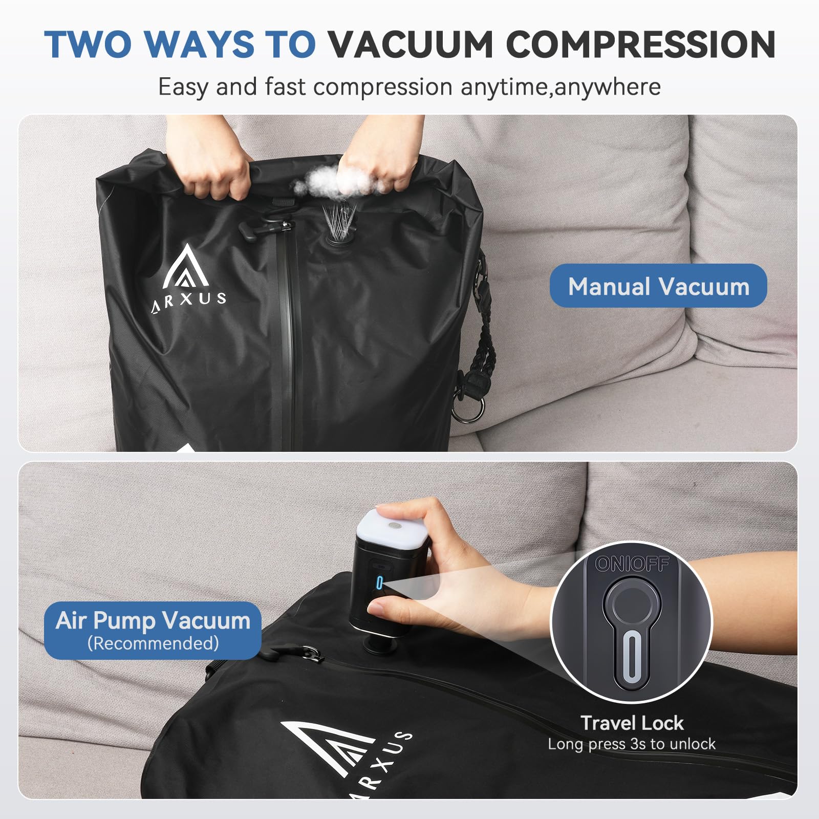 Arxus Sacchetti Sottovuoto da Viaggio, Impermeabili IP67 Cubi Compressibili Riutilizzabili per Vestiti Organizer Salvaspazio con Tracolla per Valigia Zaino Bagaglio