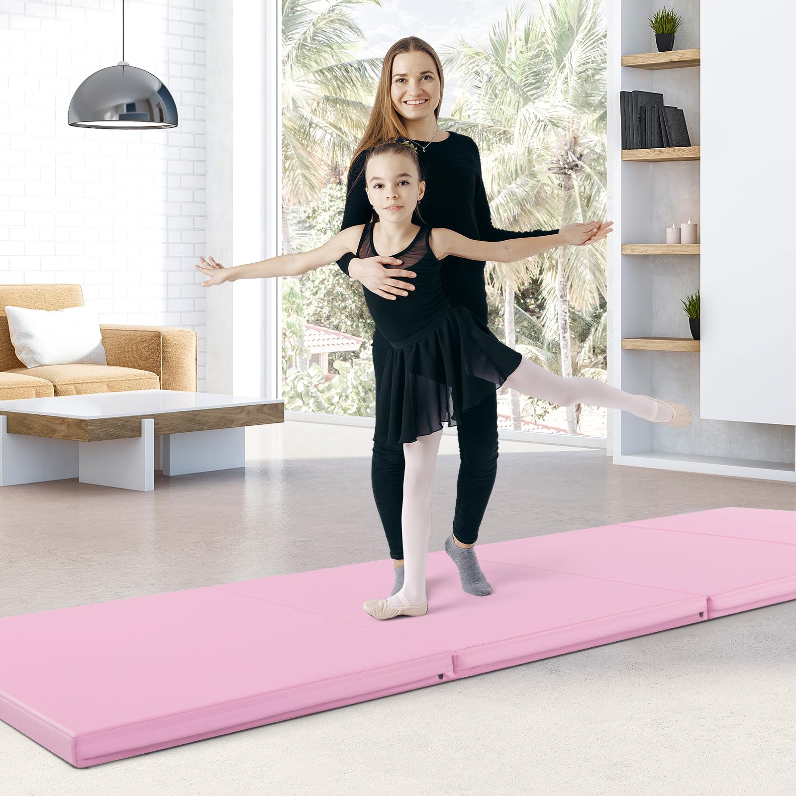 FANTASK Gymnastikmatte klappbar, 300 x 120 x 5 cm, Weichbodenmatte aus PU mit Tragegriffen & Kletterverschluss, Yogamatte, Fitnessmatte für Gymnastik, Yoga (Hellrosa)