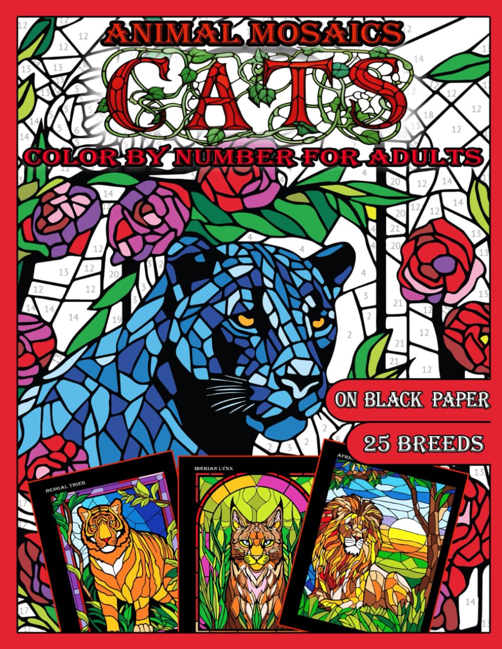 Mosaic Animals: Cats: Color by Number for Adults: Stained Glass Activity...