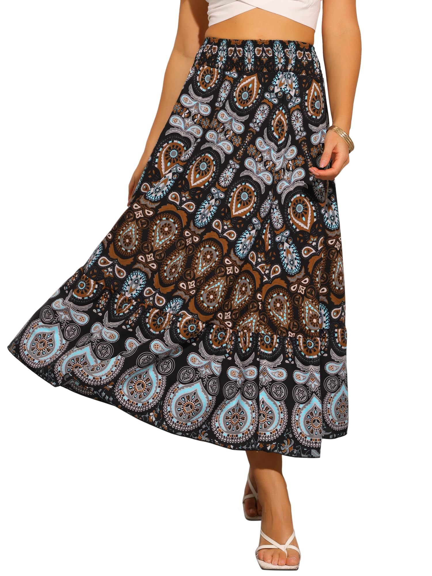 Allegra K Jupes longues bohème pour femmes, motif floral, décontracté, plage, jupe maxi fluide tendance