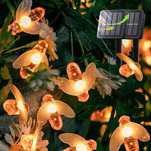 Guirnalda de luces solares para exteriores, paquete de 2 30 luces LED de abejas de miel, 8 modos, lindas luces de abeja impermeables para jardín