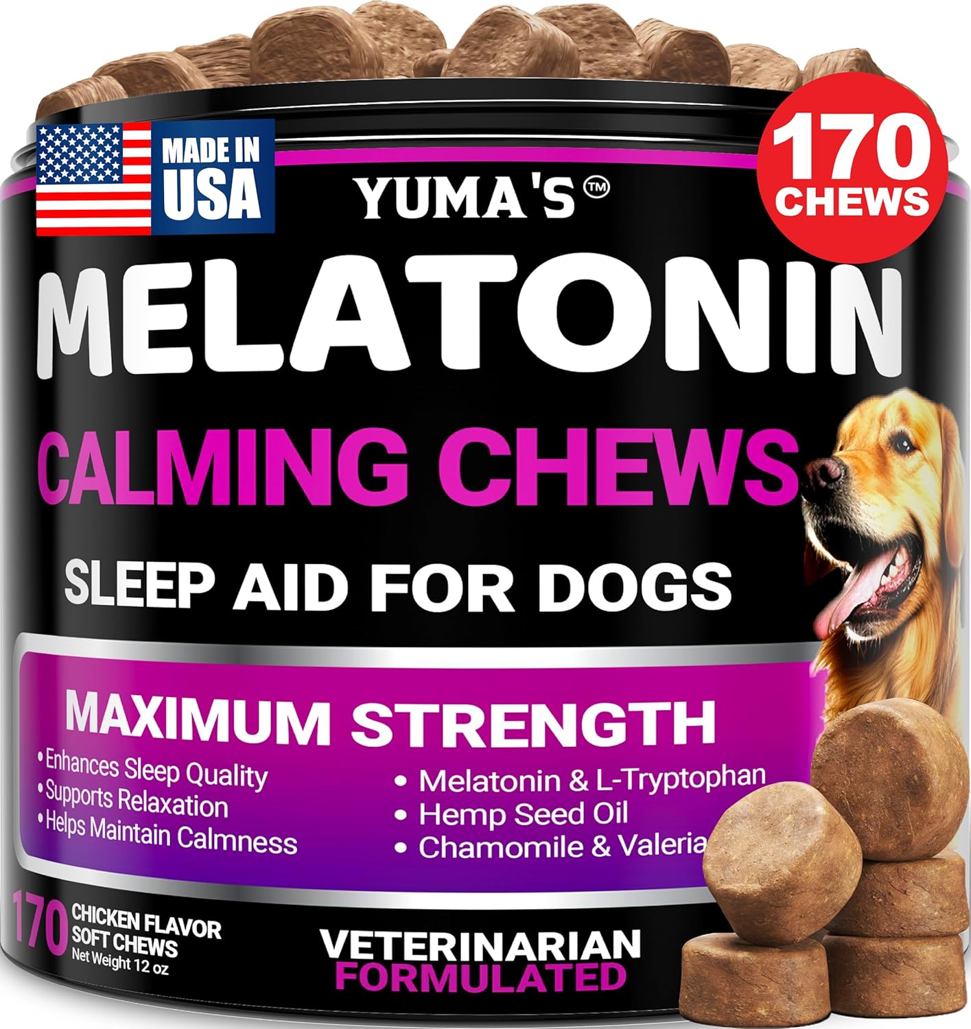 Melatonin for Dogs - 170 Melatonin Chews for Small and Large Dogs - Puppy Sleep Aid - Natural Calming Treats for Stress Anxiety Relief - Canine Sleeping Pills - Thunder, Fireworks, Chewing, Barking