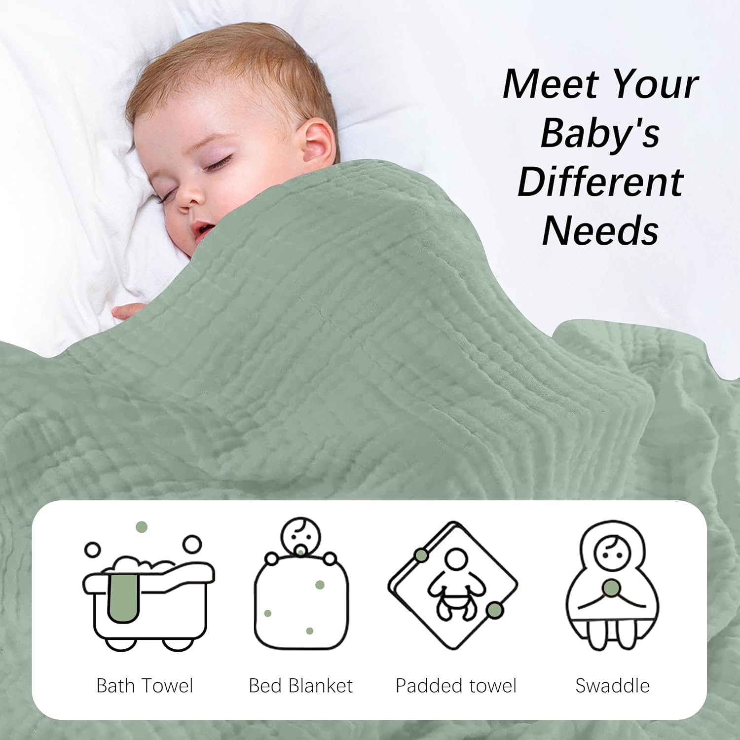 SWEET DOLPHIN Muslin Baby Bath Towels Blanket - 2 Pack 100% Cotton Towel for Babies, Infants, Toddlers - 40x40Inch - Highly Absorbent, Green and Grey