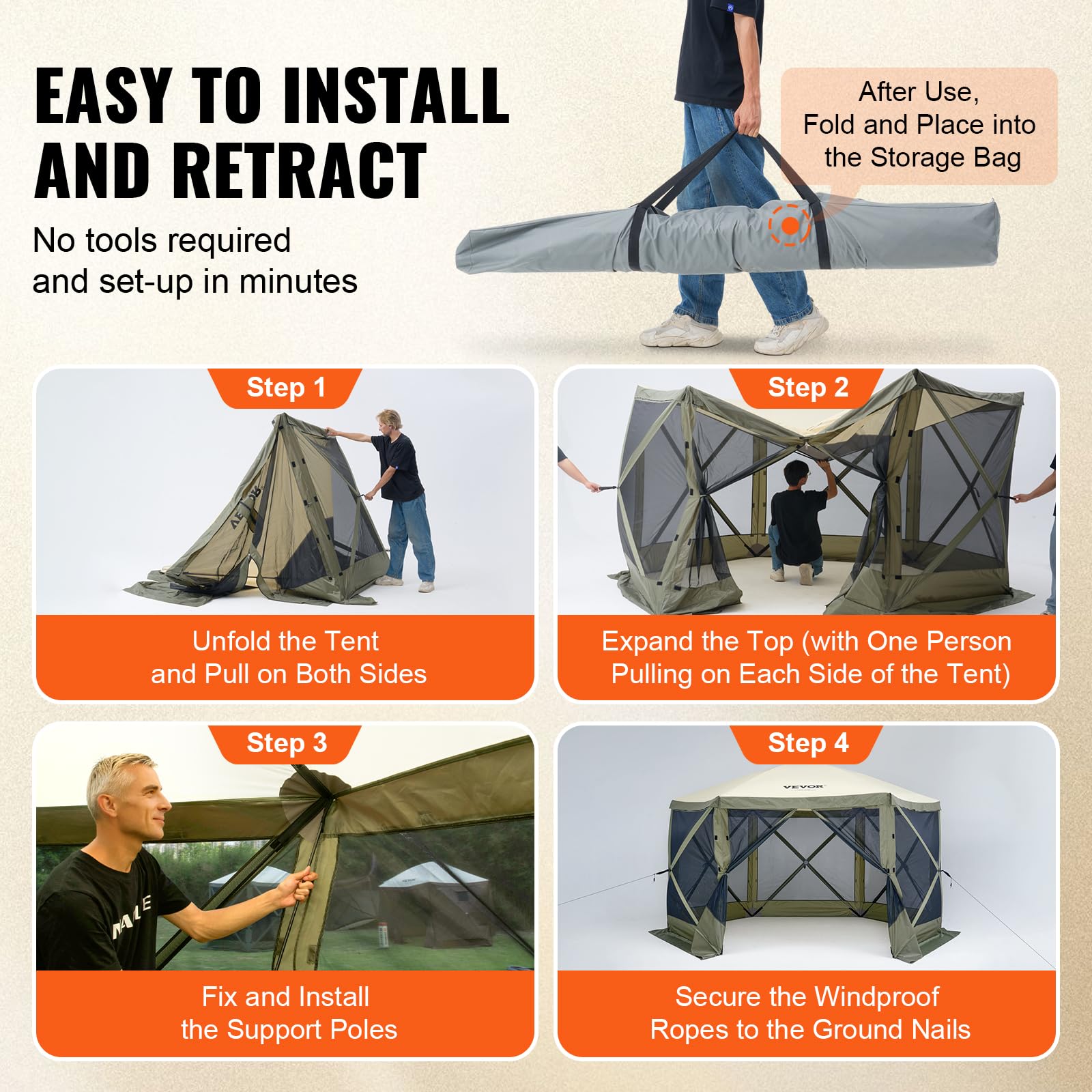 VEVOR Gazebo Pop-Up, Tenda con Schermo Pop-Up, Baldacchino su 6 Lati, Riparo da Sole 6 Panni Antivento Rimovibili Finestre in Rete, con Zanzariera Schermo a Montaggio Rapido 3,66 x 3,66 m Verde