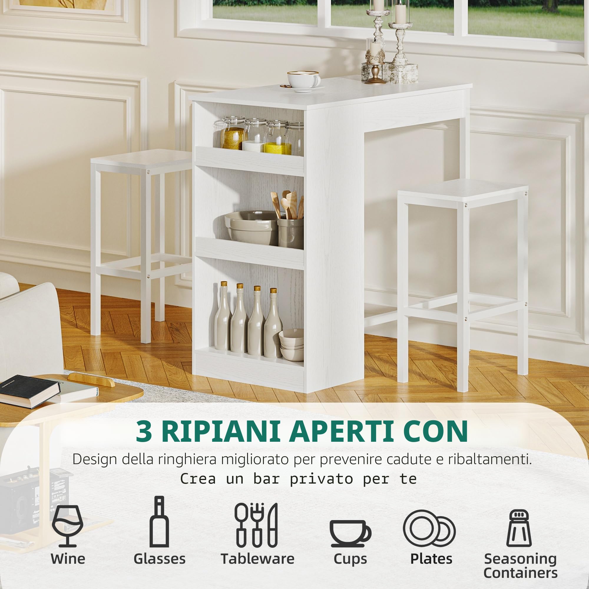 YITAHOME Tavolo da bar con sgabello da bar, 3 pezzi, tavolo da pranzo con 2 sgabelli, 3 ripiani, sgabello da bar con telaio in metallo, set da pranzo per 2 persone, tavolo da colazione, set di mobili