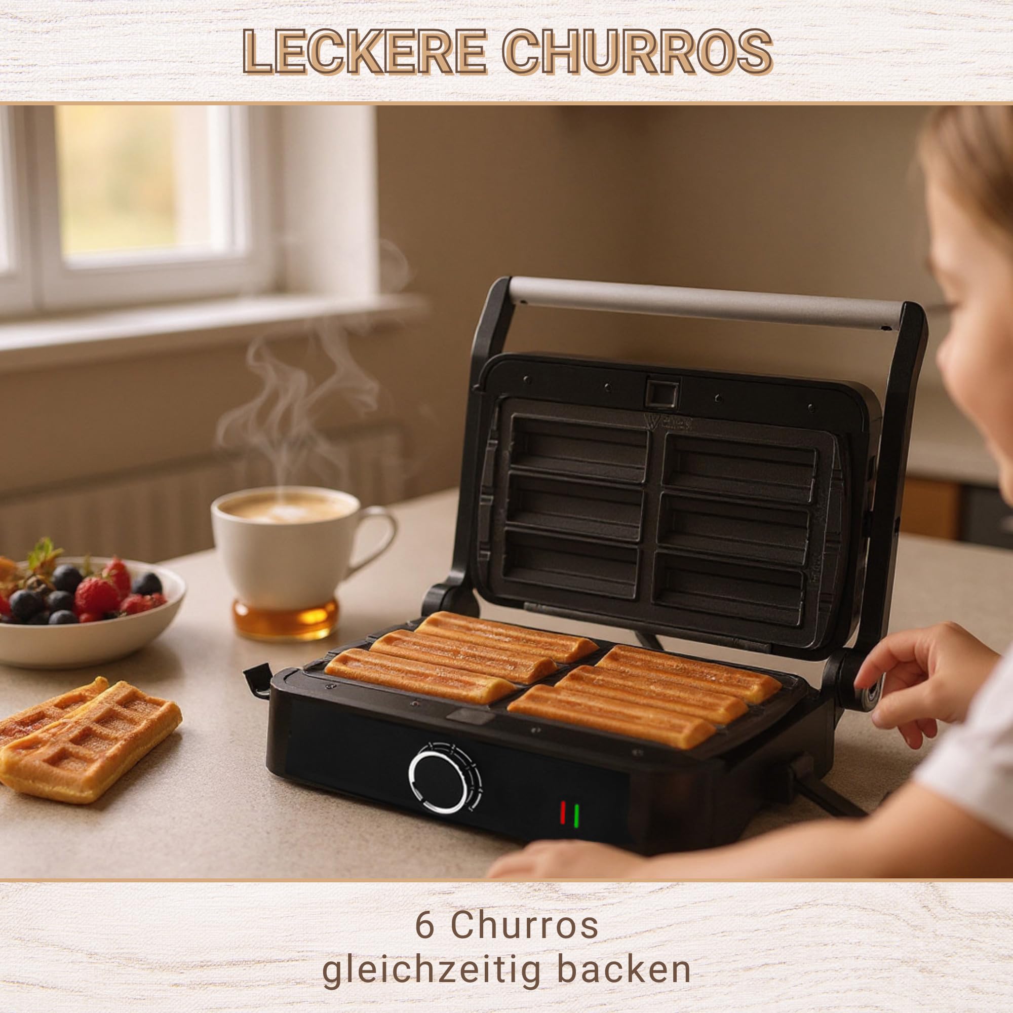 Syntrox Churros Kombigerät Multifunktionsmaker mit Wechselplatten, Kontaktgrill Edelstahl, Multifunktions Sandwichmaker, mit austauschbaren Platten, multifunktionales Küchengerät