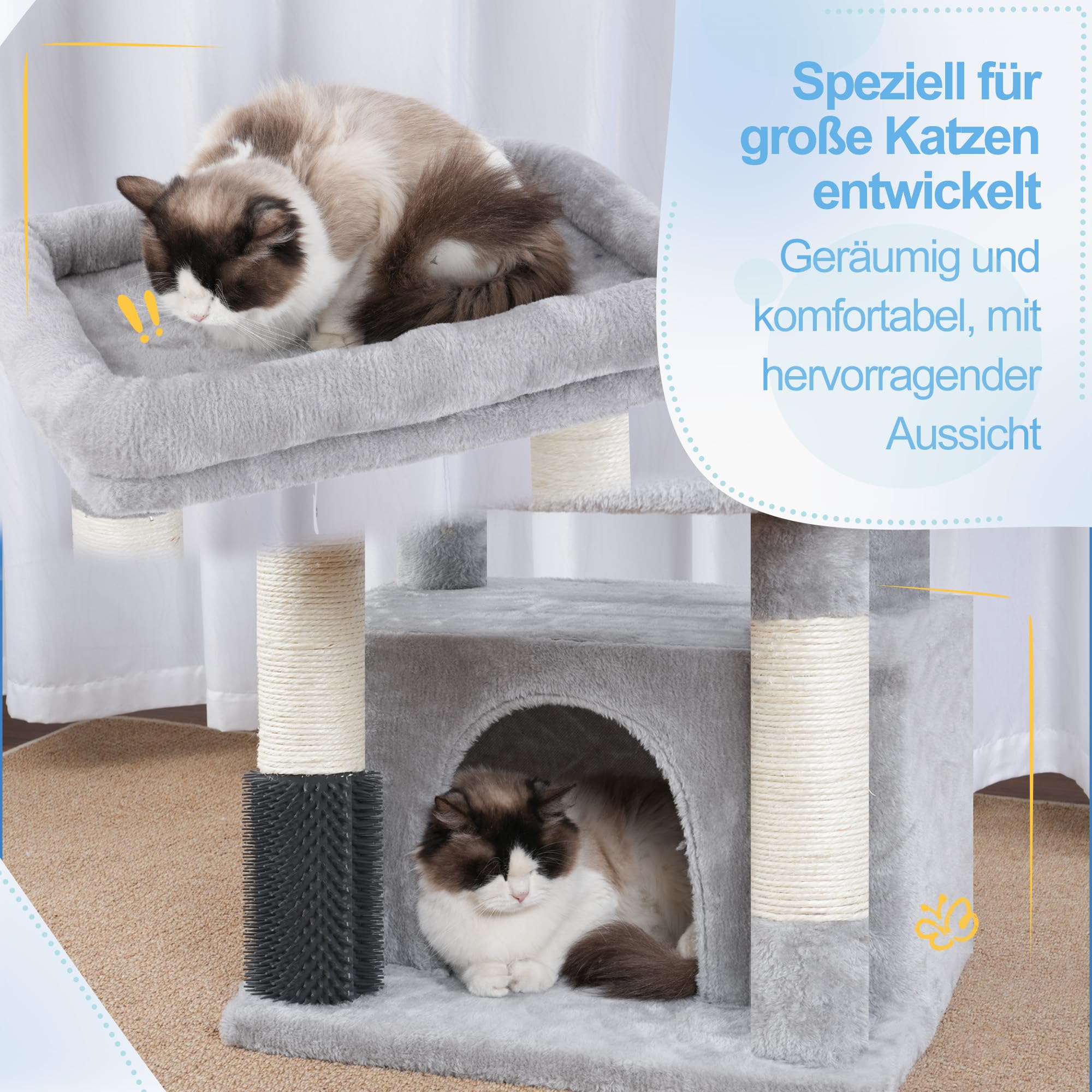 Hey-brother Kratzbaum für große Katzen, mit 2 Grosse Plattformen, MPJ070W | 130 cm Katzenbaum für Maine-Coons, symmetrische Struktur, Stabil, 2 korb, große Katzenhöhle, Kämmmaschine, Hellgrau