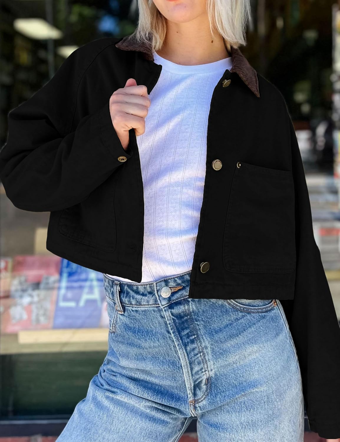 APAFES Women's Cropped Barn Jacket Corduroy Collar Button Down Long Sleeve Short Coat with Pockets - Image 6