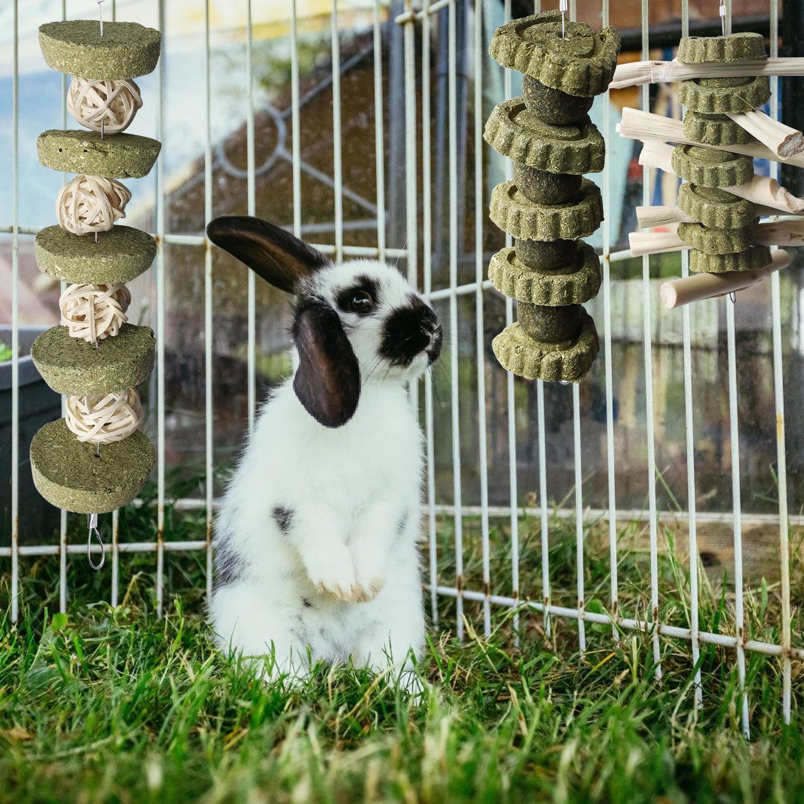 3PCS Bunny Chew Toys, Rabbits Cage Hanging Chew Toys and Treats, Apple Wood Sticks Natural Grass Cake, Teeth Grinding Toy for Bunny Hamster Parrot Chinchillas Guinea Pig Gerbils Rats Chewing Playing - Image 4