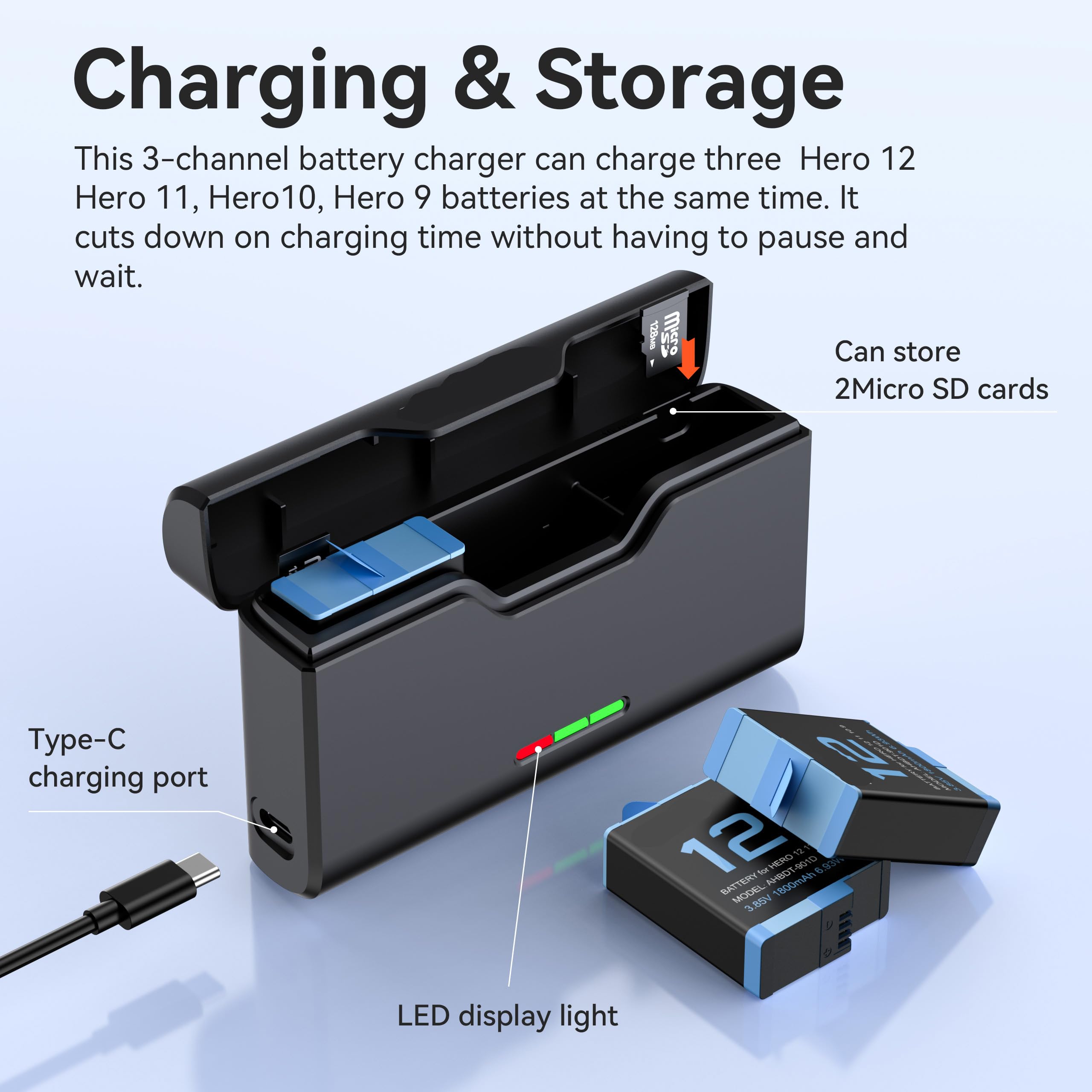 ENEGON Akku-Set für Hero 12, 11, 10, 9 – 3× 1800mAh Akkus und 3-Kanal USB-LCD-Batterieladegerät, voll kompatibel (3× Akkus + 1× Ladegerät
