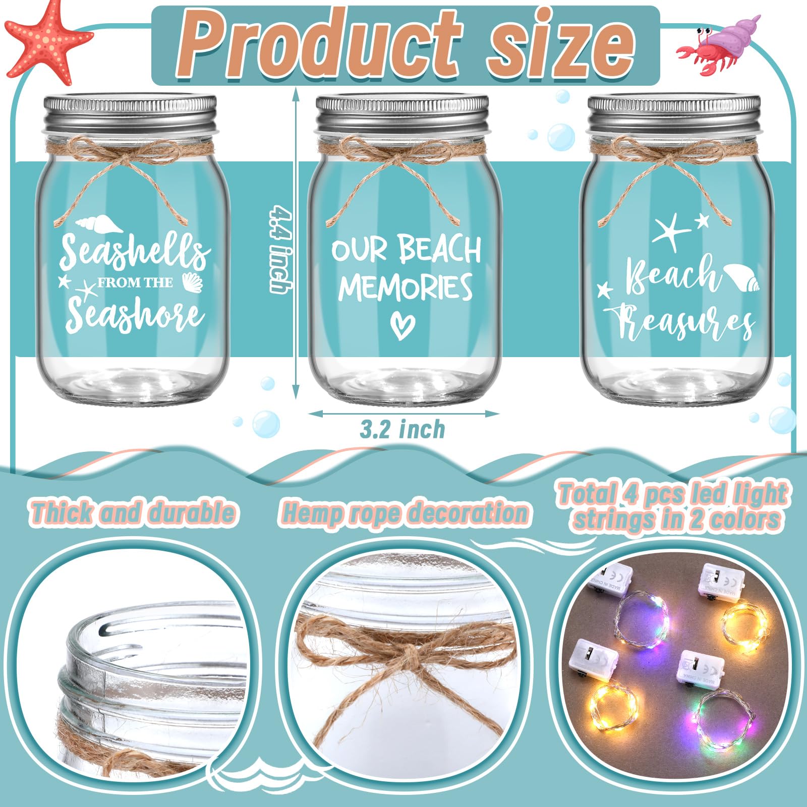 3 Pcs Beach Sand Jar Mason Seashell Bottles 380 ml with 4 Light Strings Rope Glass Sand Mason Jars Decorative Bottles with Lid Beach Keepsake for Housewarming Wedding Honeymoon Ocean Supplies