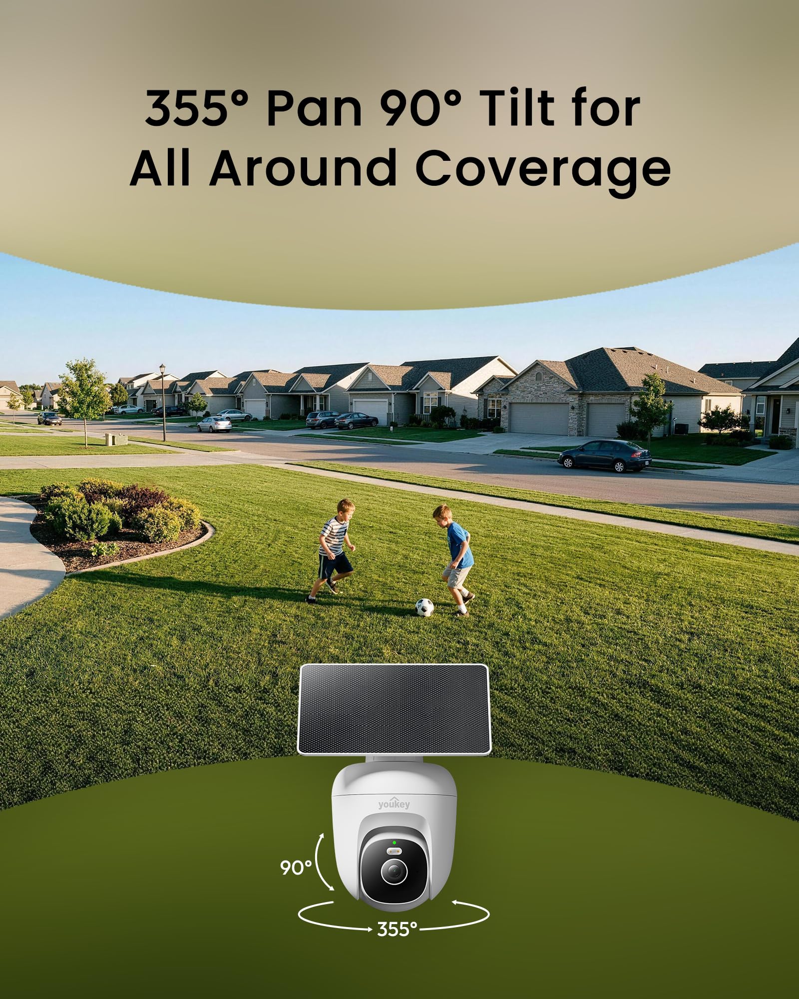 youkey Telecamera di sicurezza solare Wireless Outdoor, Registrazione AOV 24/7, Rilevamento persona/veicolo AI, 25 m di notte a colori, senza abbonamento, Pan/Tilt a 360°, monitoraggio umano, batteria