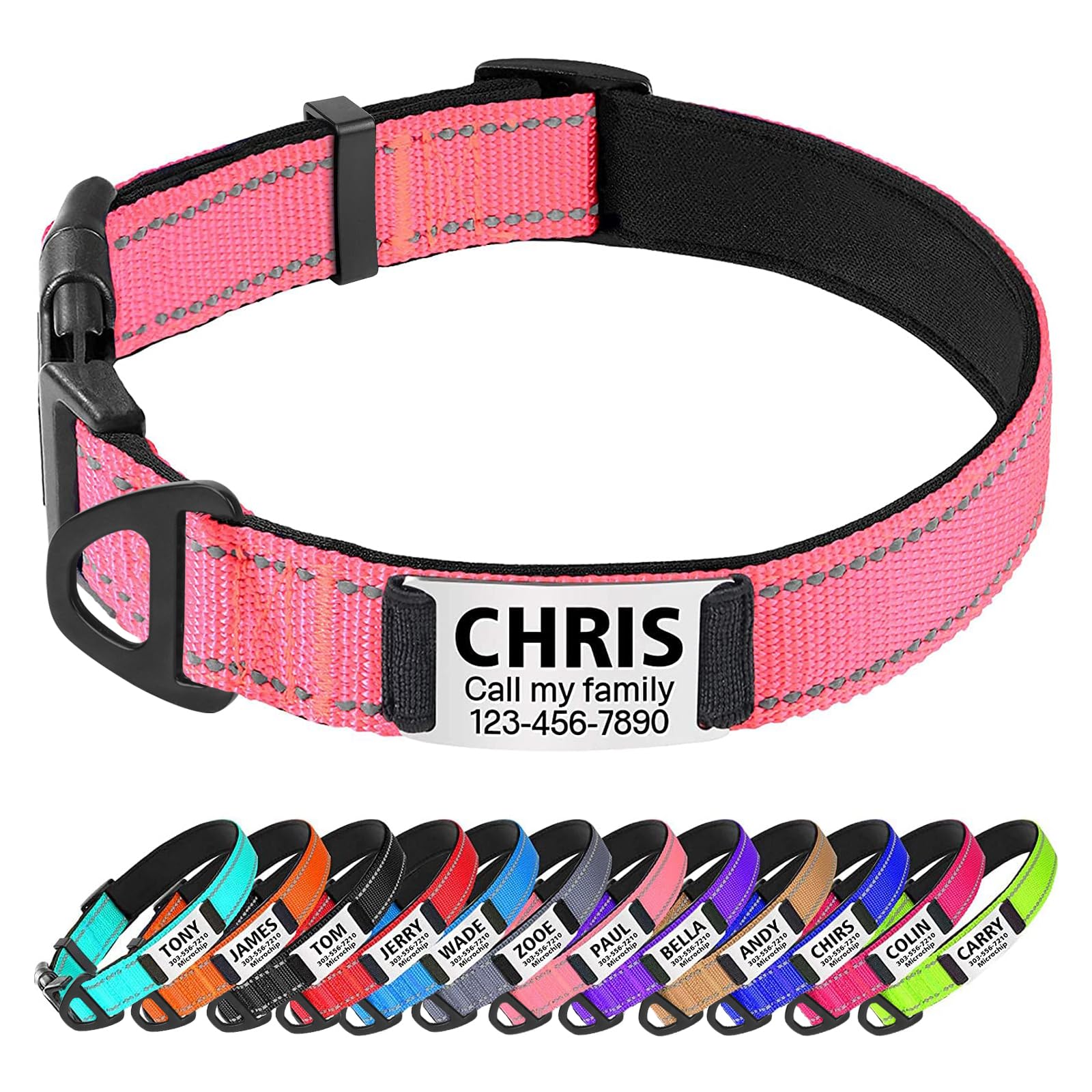 TagME Personalized Dog Collar with Name Plate, Custom Reflective Pet Collars with Engraved Slide on ID Tags for Puppy,Baby Pink
