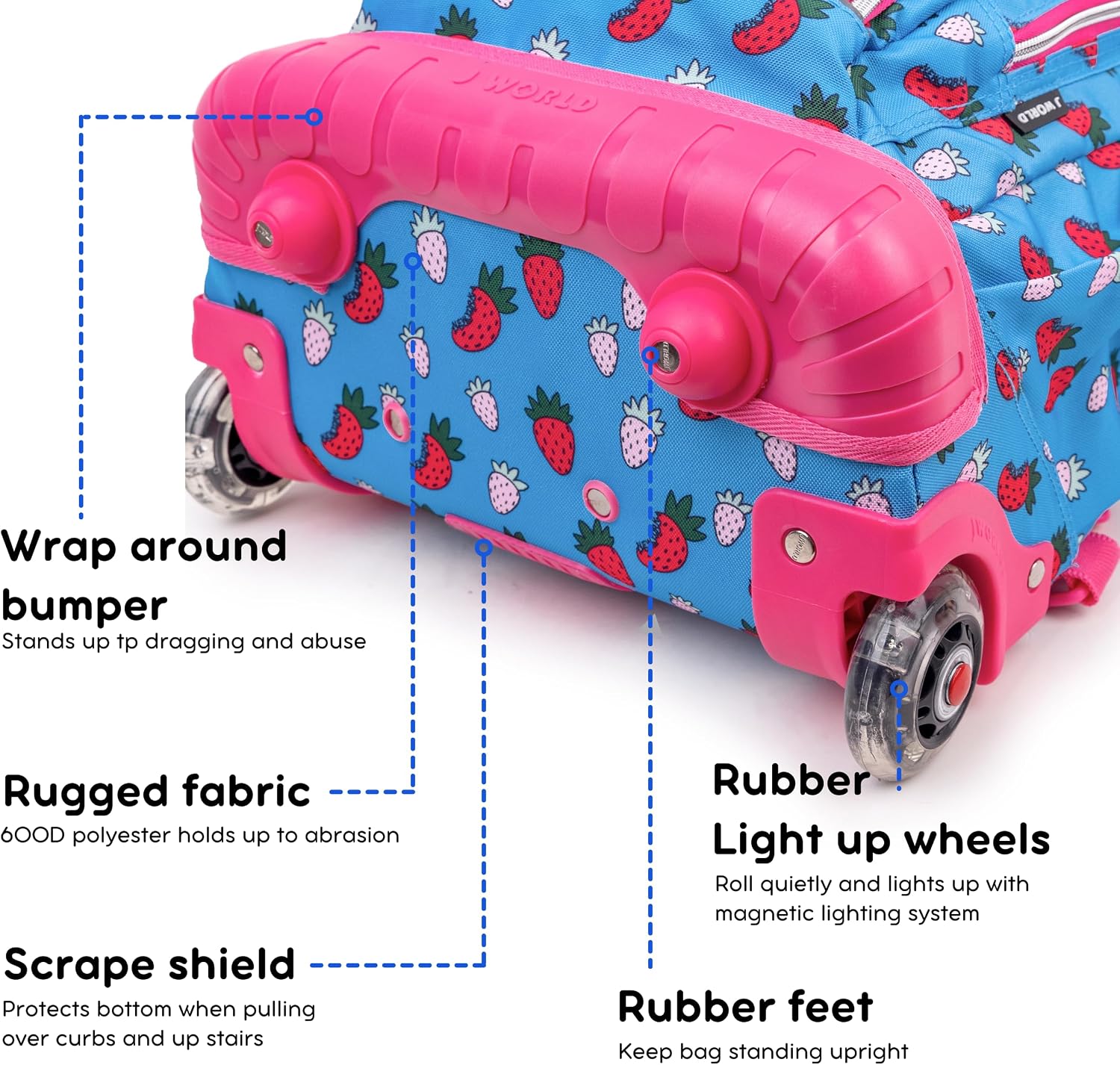 J World Lollipop Kids Rolling Backpack & Lunch Bag Set for Elementary School. Carry-On Suitcase with Wheels, Strawberry