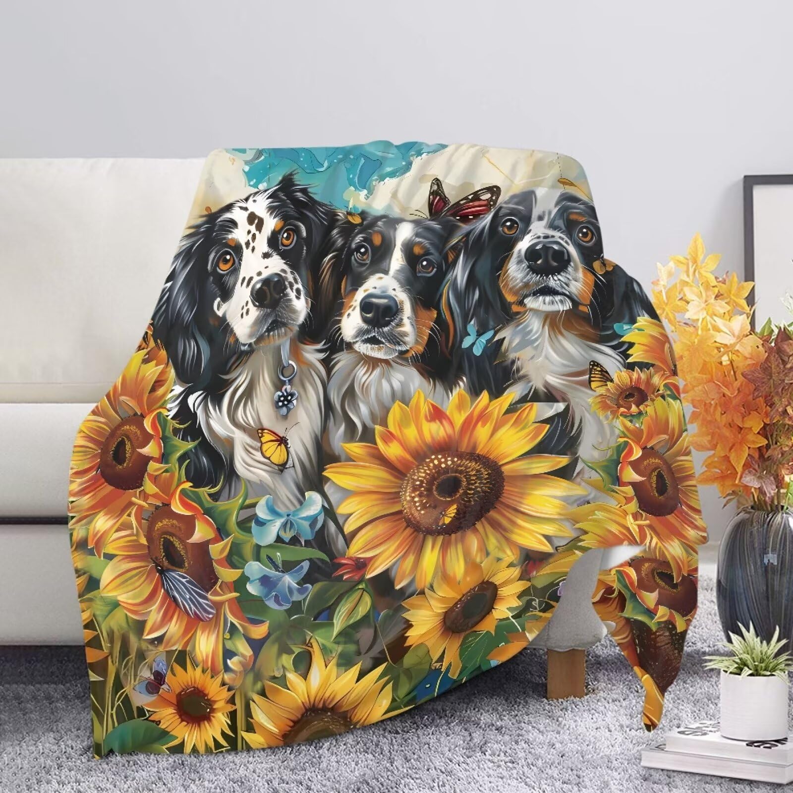 Allcute Fuzzy Graphic Print Couch Blanket for Bed Living Room Cozy Soft Sofa Throws Sunflower Dog Throw Blanket for Fall Winter