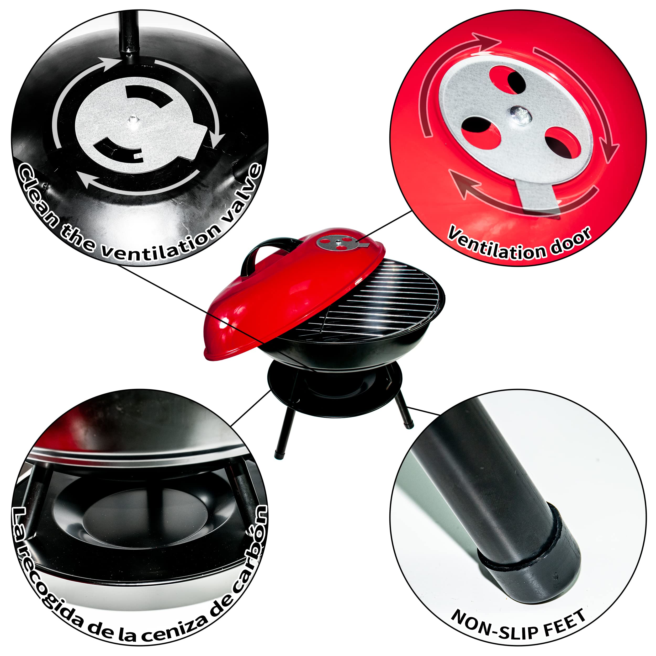 Barbacoa BESCH Redonda con 3 Patas Desmontables de Acero 37 x 37 x 39 cm con Bandeja y Tapa - Parrilla Barbacoa de Carbón o Madera Exterior, Camping y Picnic