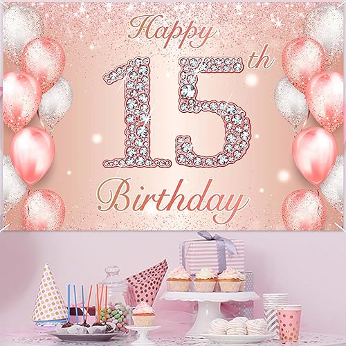 Miniatura 6 de Cartel de feliz 15 cumpleaños en oro rosa, saludos a 15 años, telón de fondo, globos de confeti, decoración temática para niñas de 15 años,