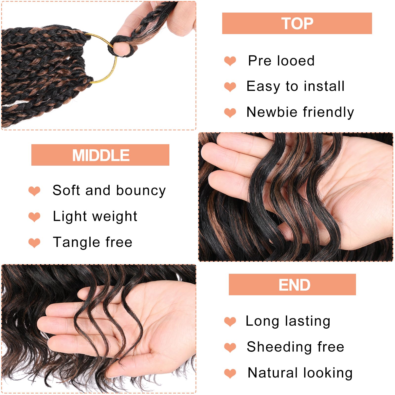 Mscat 14 Inch Pre Looped Ocean Wave Crochet Hair 8 Packs Black Mixed Brown Boho Ocean Braids Pre Twisted Synthetic Deep Wavy Crochet Hair for Women 1BH30# - Image 3