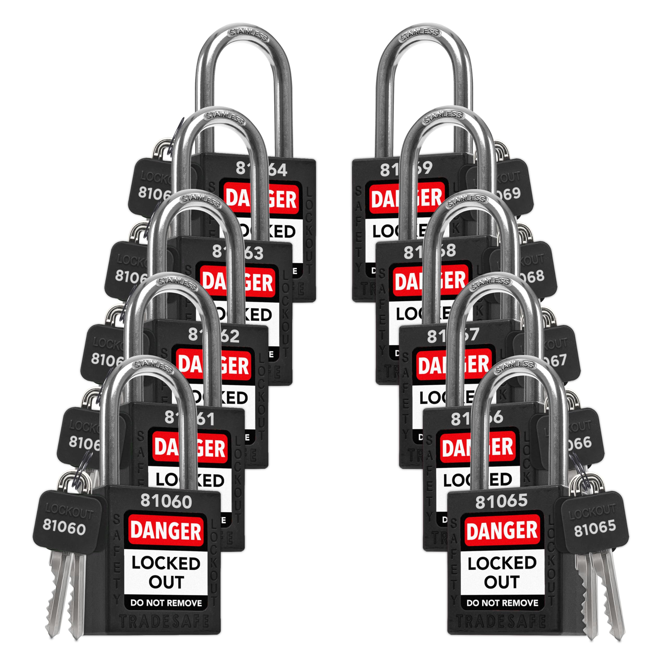 TRADESAFE Lockout Tagout Locks Set - 10 Black Lockout Locks Keyed Different, 2 Keys Per Loto Lock, OSHA Compliant Lock Out Tag Out Padlocks, Safety Padlocks for Electrical Lockout Tag Out Kits