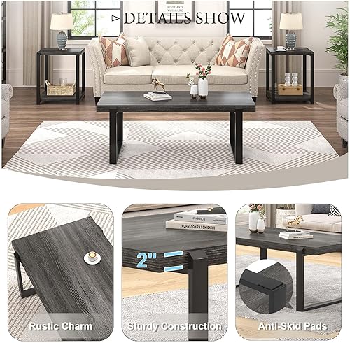 Miniatura 76 de FOLUBAN Mesa de centro rústica, moderna mesa central industrial de madera y metal para sala de estar, roble de 47 pulgadas Roble,Negro