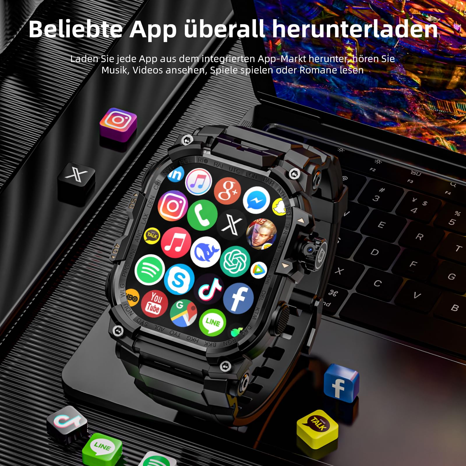 LOKMAT 2,06''AMOLED 4G Smartwatch mit großem Bildschirm, 3 GB + 32 GB, robuste Militär-Sport-Android-Smartwatch für Herren mit drehbarer Kamera, WiFi, GPS, NFC, für Männer und Frauen (Schwarz)