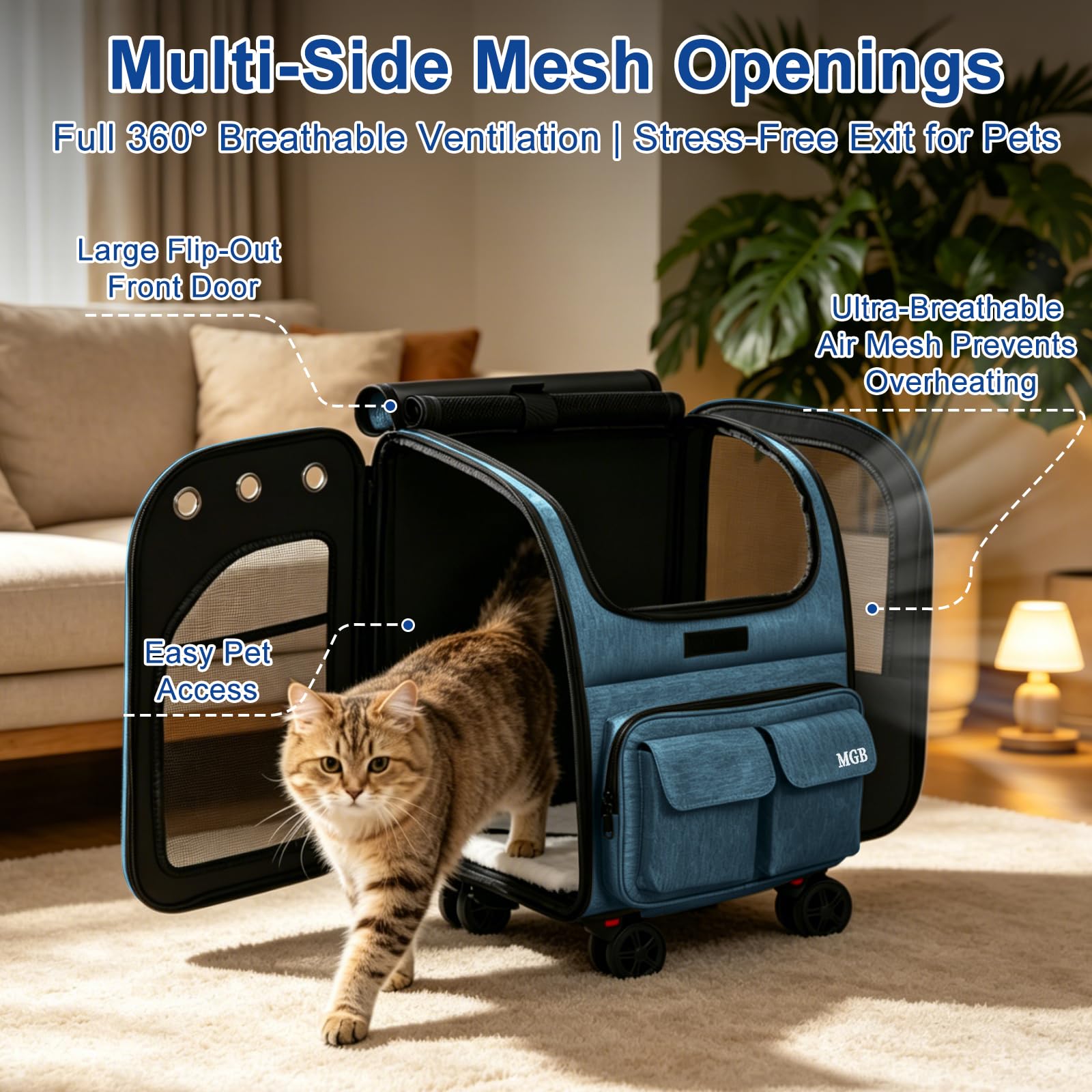 Mochila transportadora para gatos con ruedas, plegable, de lados suaves, para gatos y perros pequeños, malla transpirable con protección solar, portátil para acampar y caminar, color azul