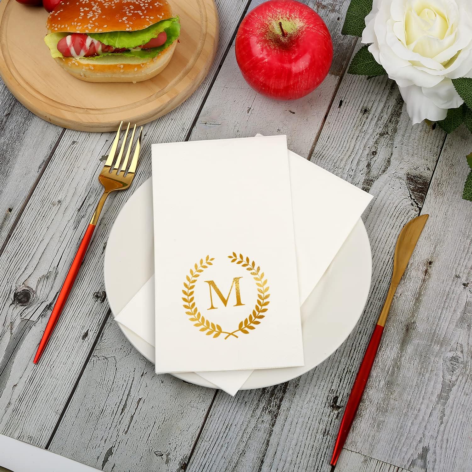 200 Pack Monogrammed Disposable Napkins Gold Foil Letter M Guest Napkins Initial Disposable Hand Paper Towels for Wedding Engagement Baby Shower Party Home Kitchen Bathroom Dinner Decorative Towels