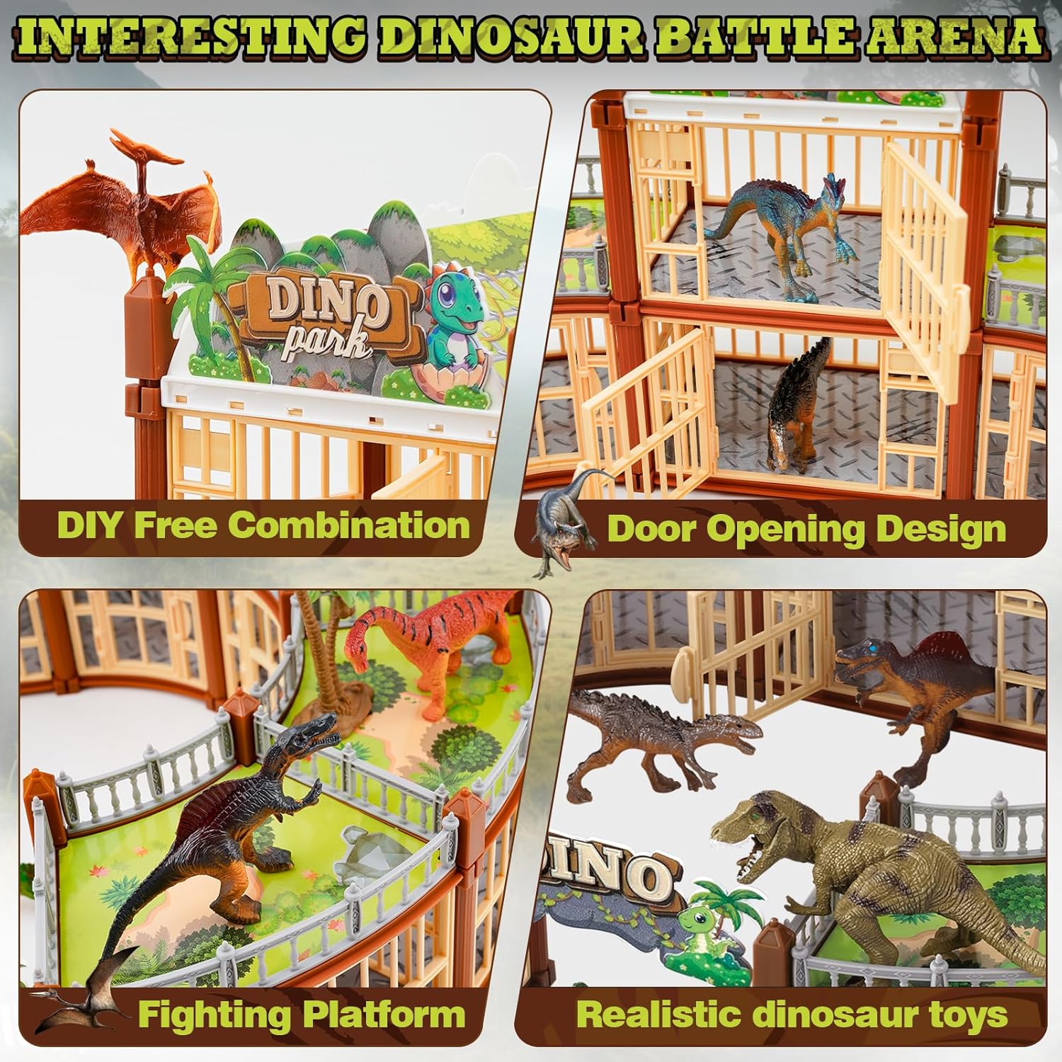 Dinosaur Playground Toy Set 215PCS – 18 Realistic Dinosaurs, Build Your Own Dinosaur Park, Interactive Play with Openable Cage & Battle Station, for Boys & Girls, Enhance Kids’ Creativity