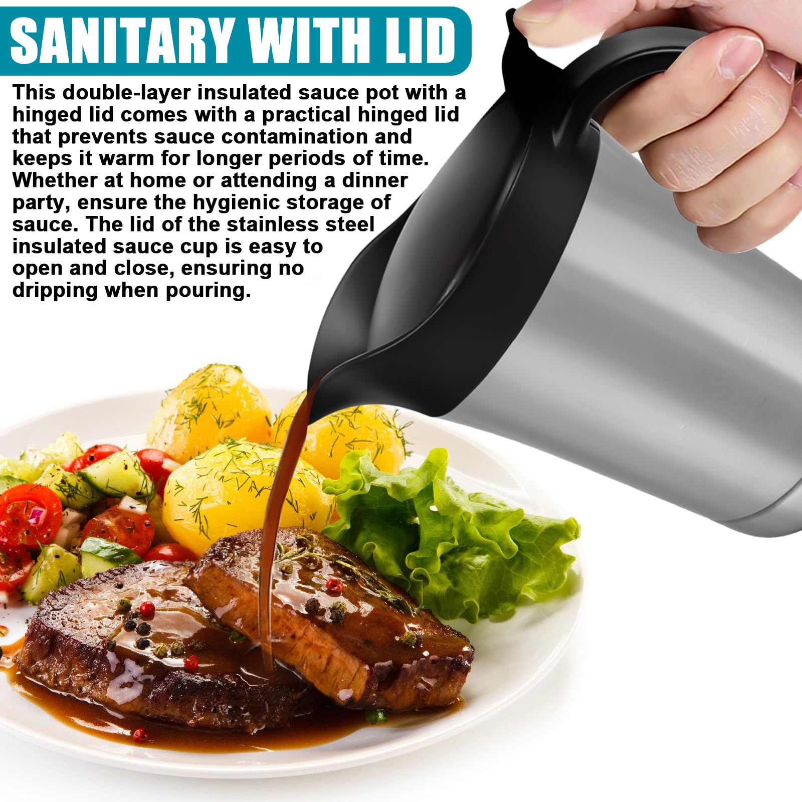 750ml Edelstahl Thermo Sauciere, Soßenkanne mit Klappdeckel, Doppelt Isoliert Saucenkanne, Thermo-Sauciere, Eleganter Silberner Saucenkrug für Hause, Abendessen, Restaurants, Partys, Weihnachten