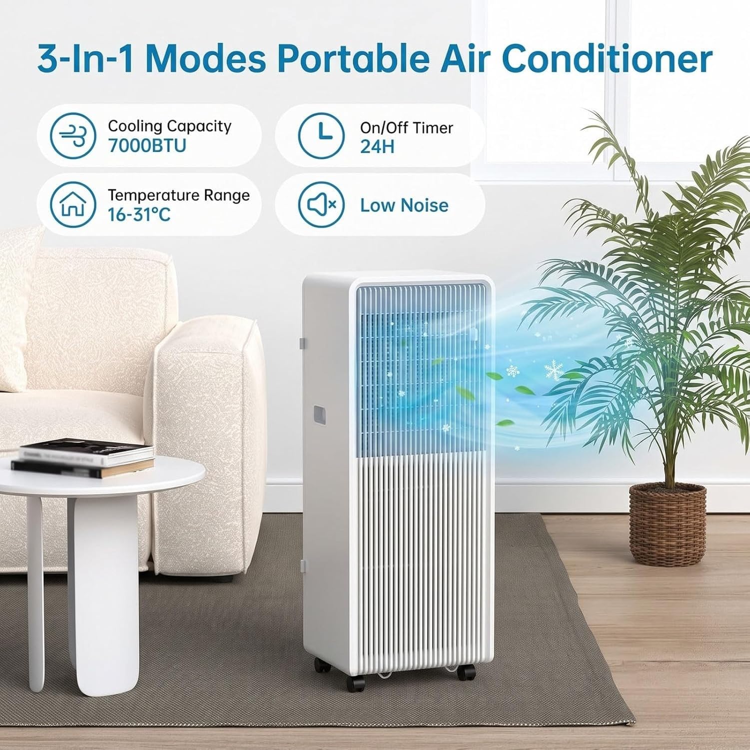 Przenośny klimatyzator 9000 BTU 3 w 1 osuszacz powietrza wentylator do pomieszczeń do 21 m² Wyświetlacz cyfrowy pilot zdalnego sterowania i timer 24 godziny, A, 10000 BTU