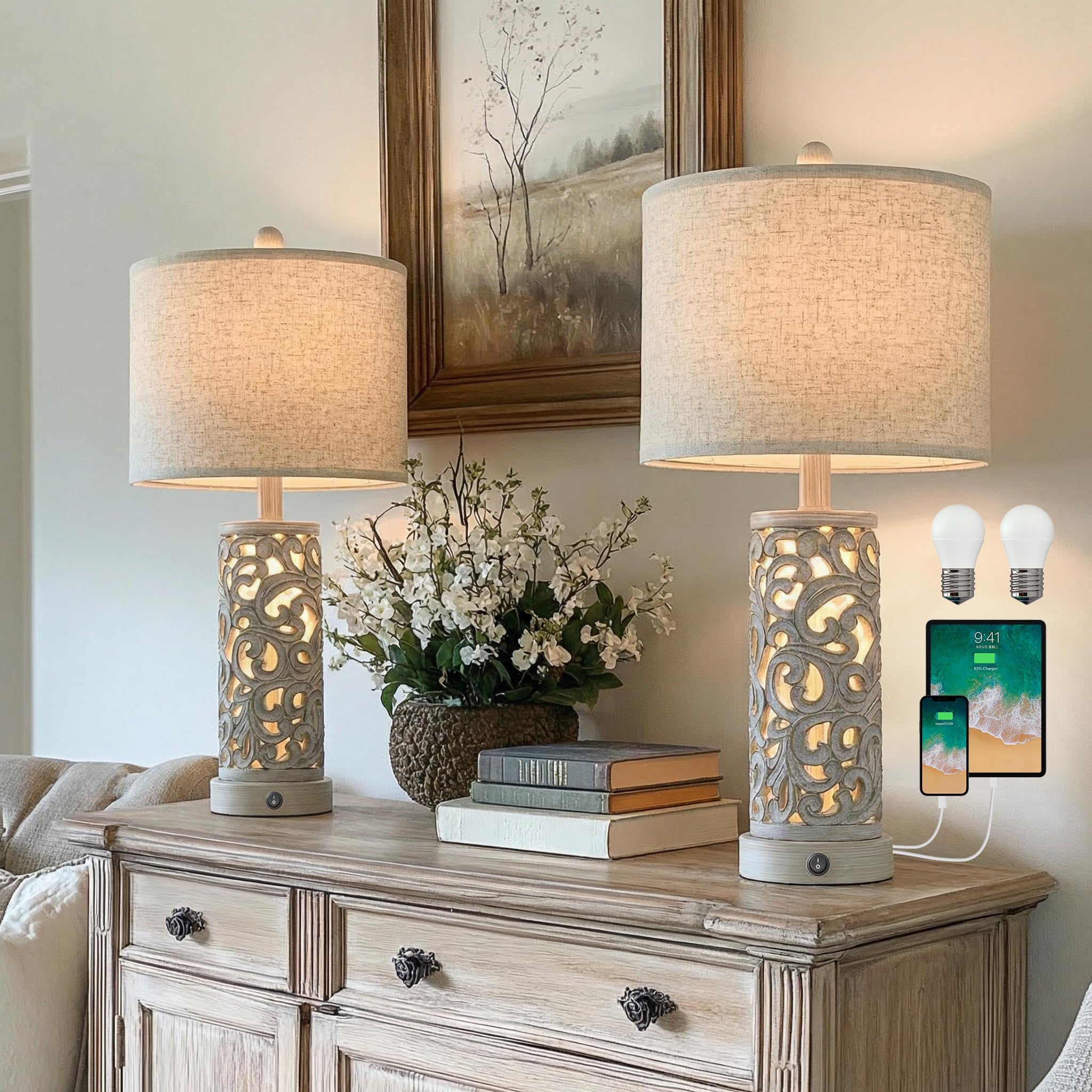 OYEARS Bedside Table Lamps Set of 2 with Night Light, 22 inch Distressed Grey