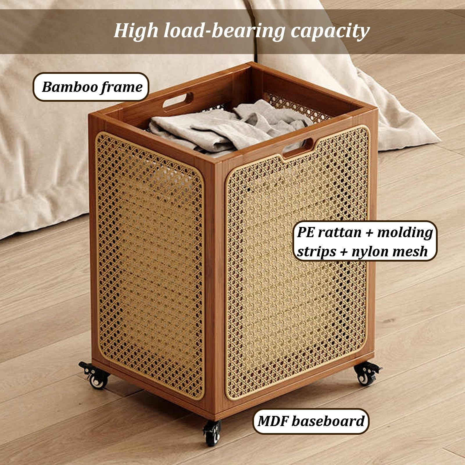 Cesta de bambú con ruedas, cesta grande y estrecha con asa para lavandería, dormitorio, almacenamiento de ropa