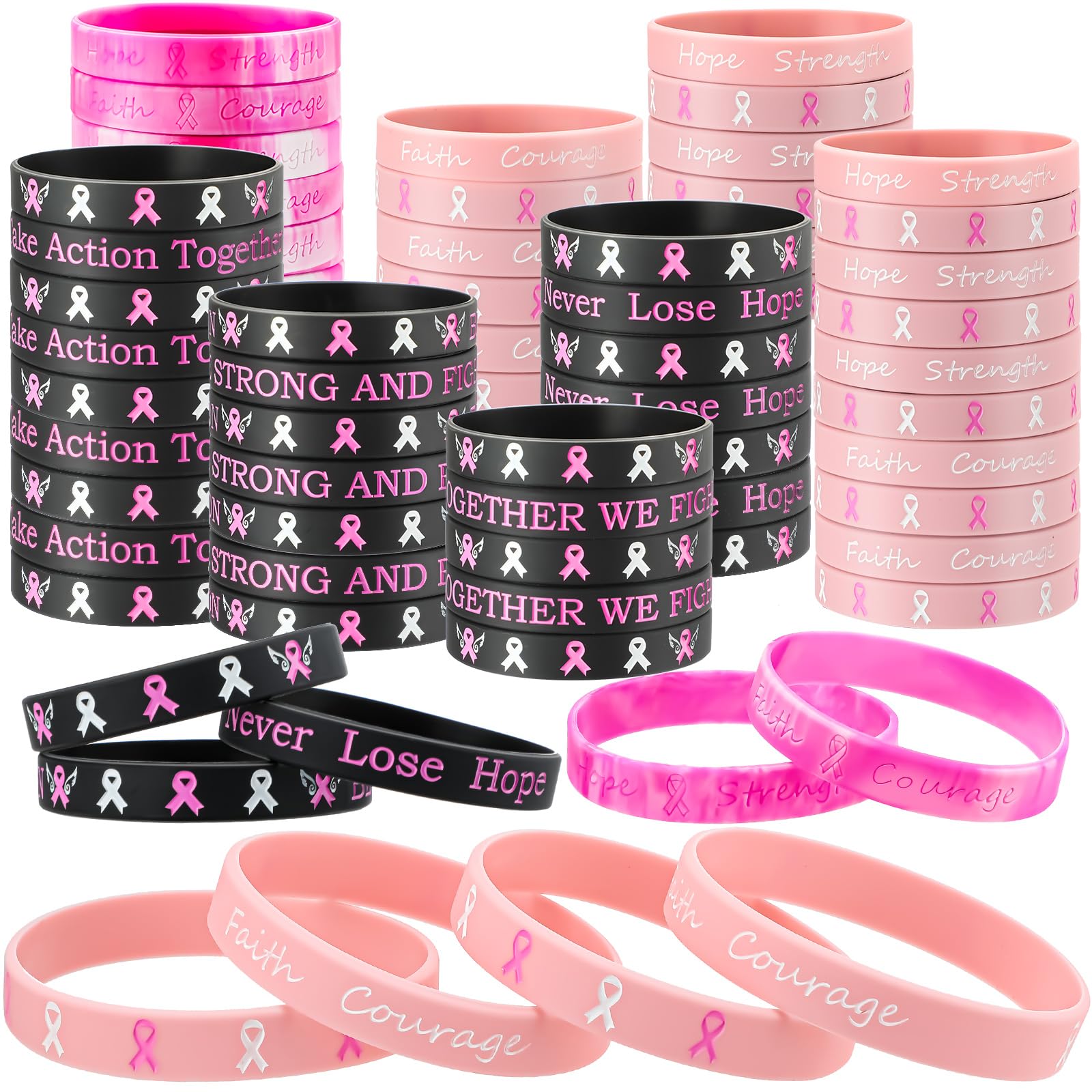 Photo 1 of Breast Cancer Awareness Bracelets Silicone Pink Ribbon Wristband, Hope Faith Strength Courage Inspiring Support Wristband 60