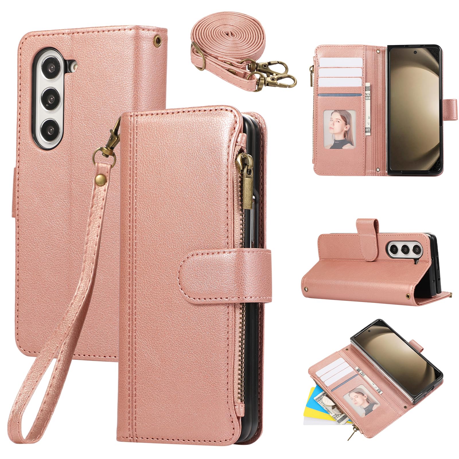 Coque Samsung Z Fold 6 en cuir or de qualité supérieure avec porte-cartes - 8