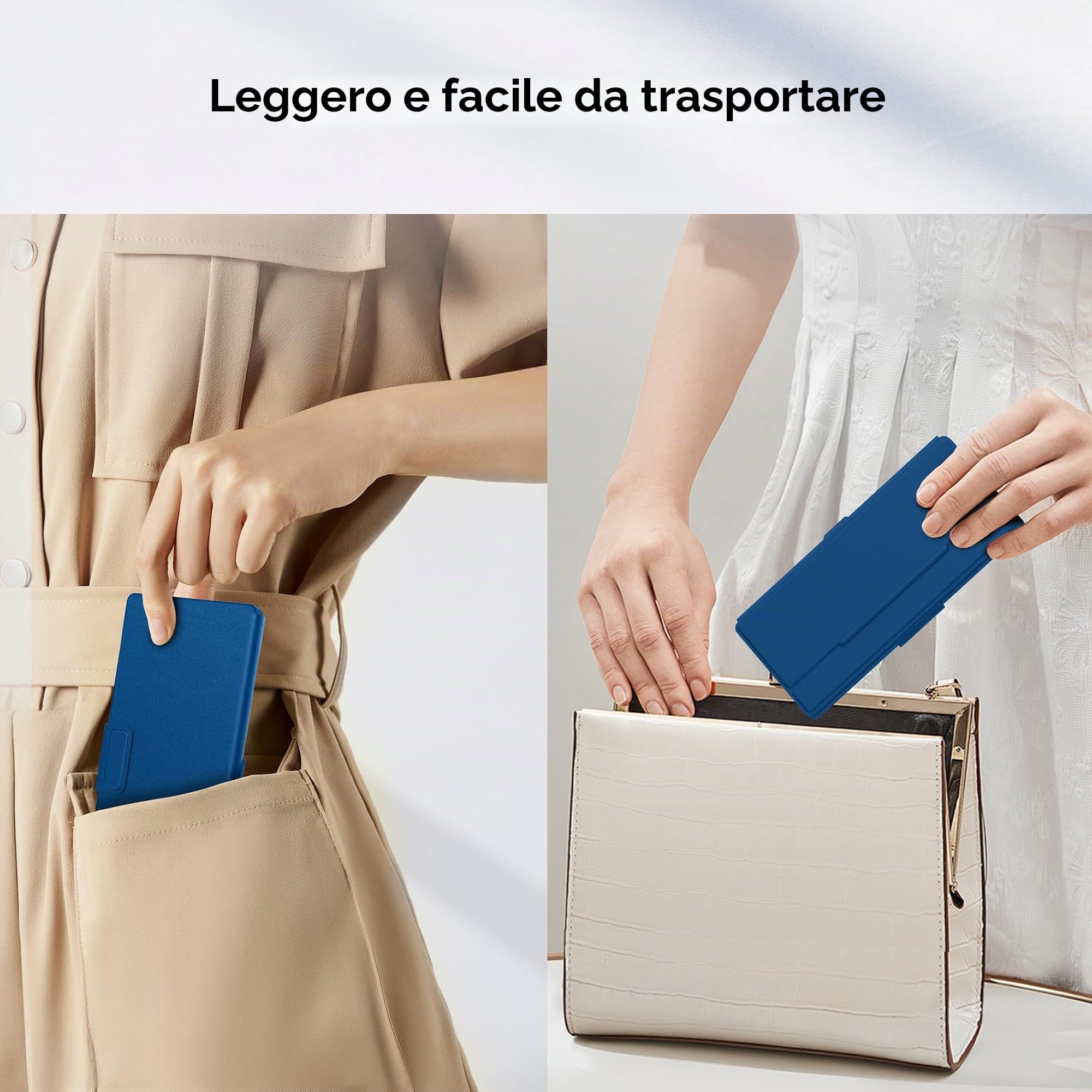 CACOE Tastiera Bluetooth con supporto, mini tastiera per telefono cellulare, tastiera portatile ultra piatta, pieghevole, doppio canale, per smartphone e più iOS Android Windows, blu mare