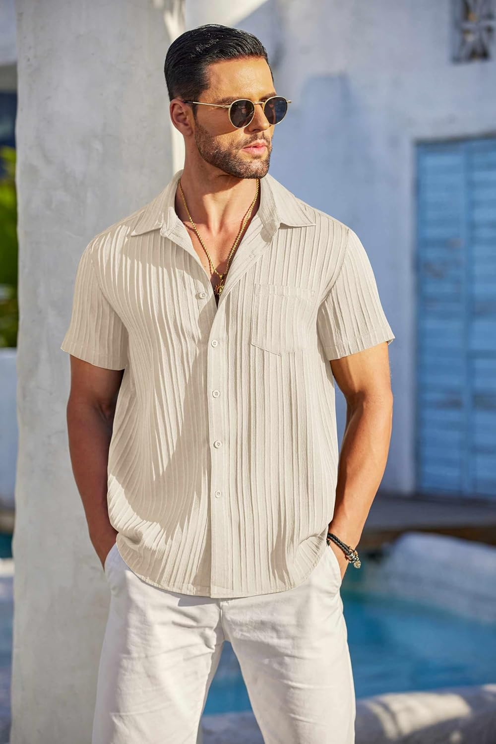 COOFANDY Men's Casual Button Down Shirts Short Sleeve Textured Summer Beach Shirt with Pocket - Image 3