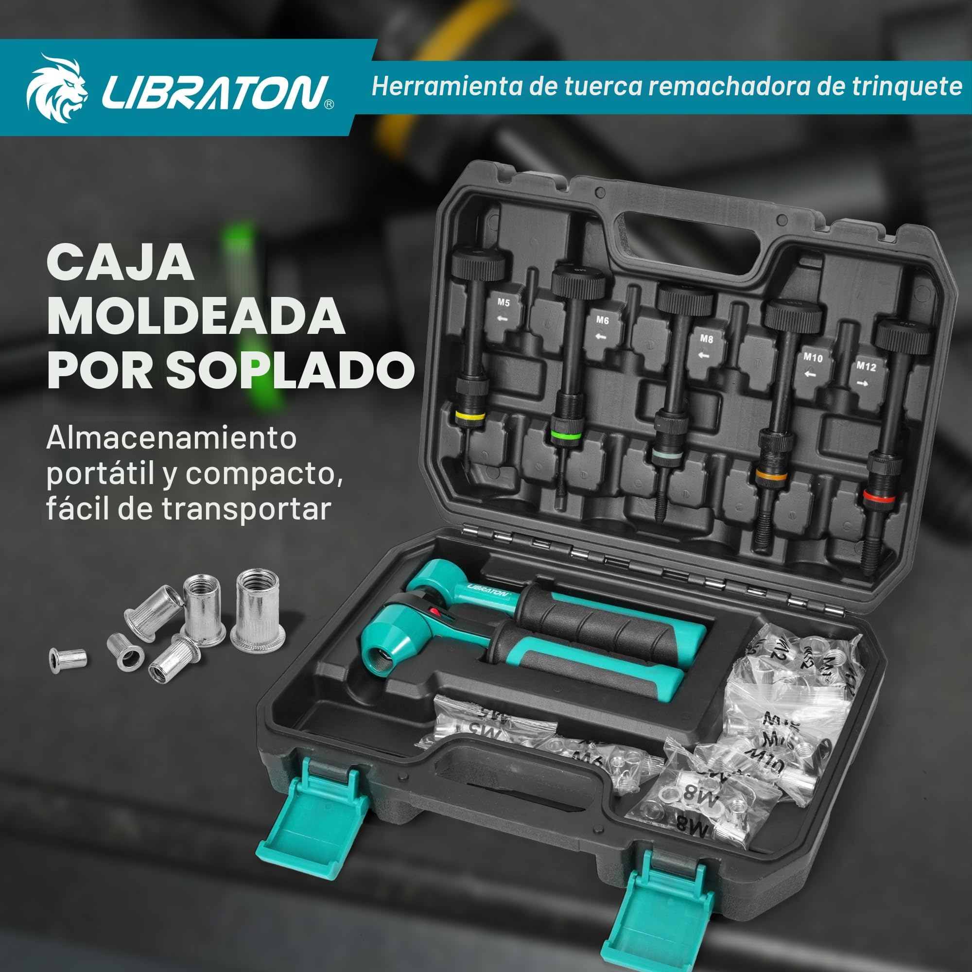 LIBRATON Remachadora de Tuercas, Remachadora de Tuercas Profesional con Trinquete, Pistola de Remachadora Manual con 5 Mandriles Métricos, 5 Boquilla de Tuerca, 50 Piezas Tuercas Remachables, Caja