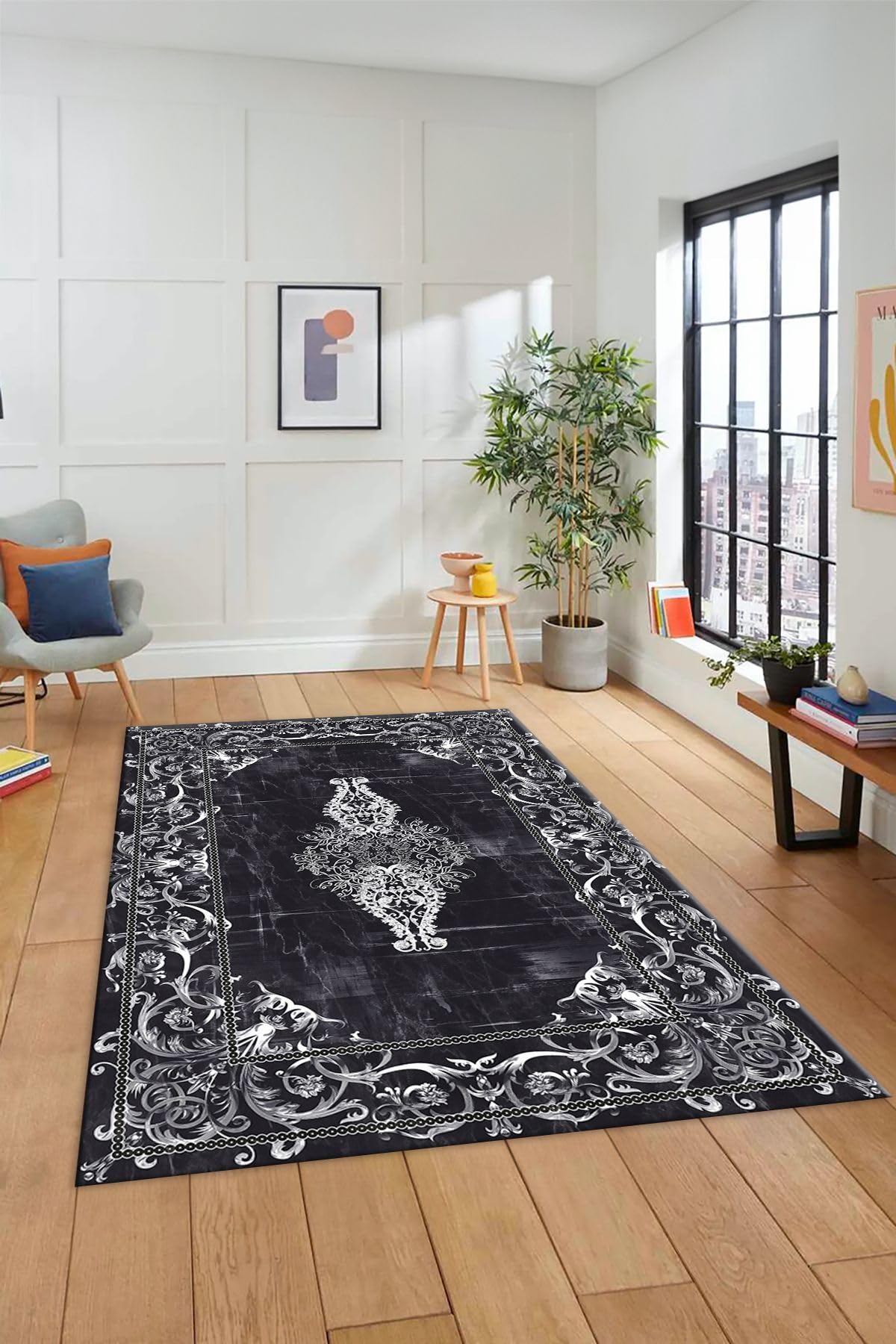 Evdeya Göbekli Klasik Motifli Dijital Kaymaz Taban Yıkanabilir Yolluk Mutfak Salon Halısı KLASİK-28, Antrasit, 60 x 150
