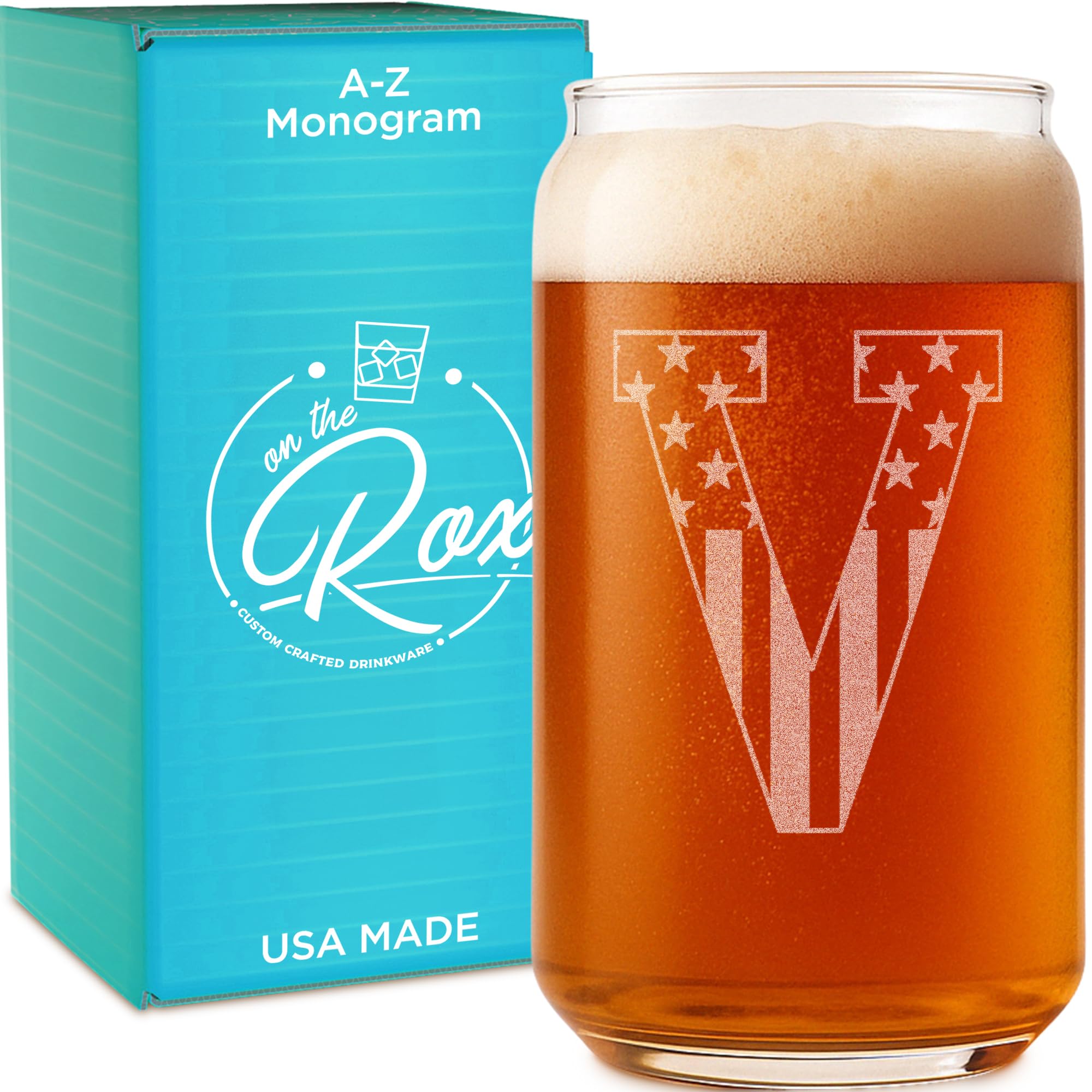 On The Rox Monogram Beer Glasses for Men (A-Z) 16 oz - Personalized Engraved Beer Gifts for Him - Groomsmen Gifts Brother in Law Dad Son Coworker - Unique USA Made Dishwasher Safe Pint Glass (V)