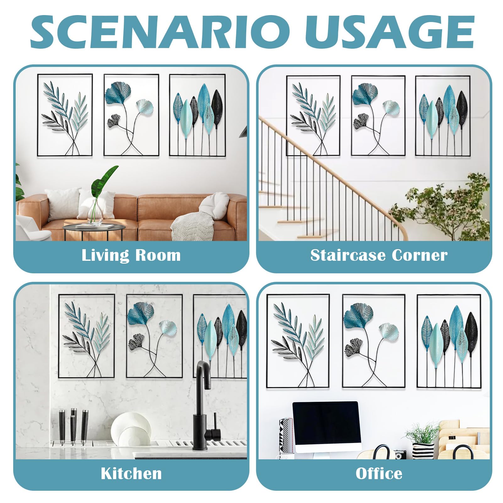 MeYuxg 3 unidades de decoración de pared de metal para salón, 30 x 43 cm, cuadros de metal con marco, moderno hogar, para dormitorio, cocina, oficina