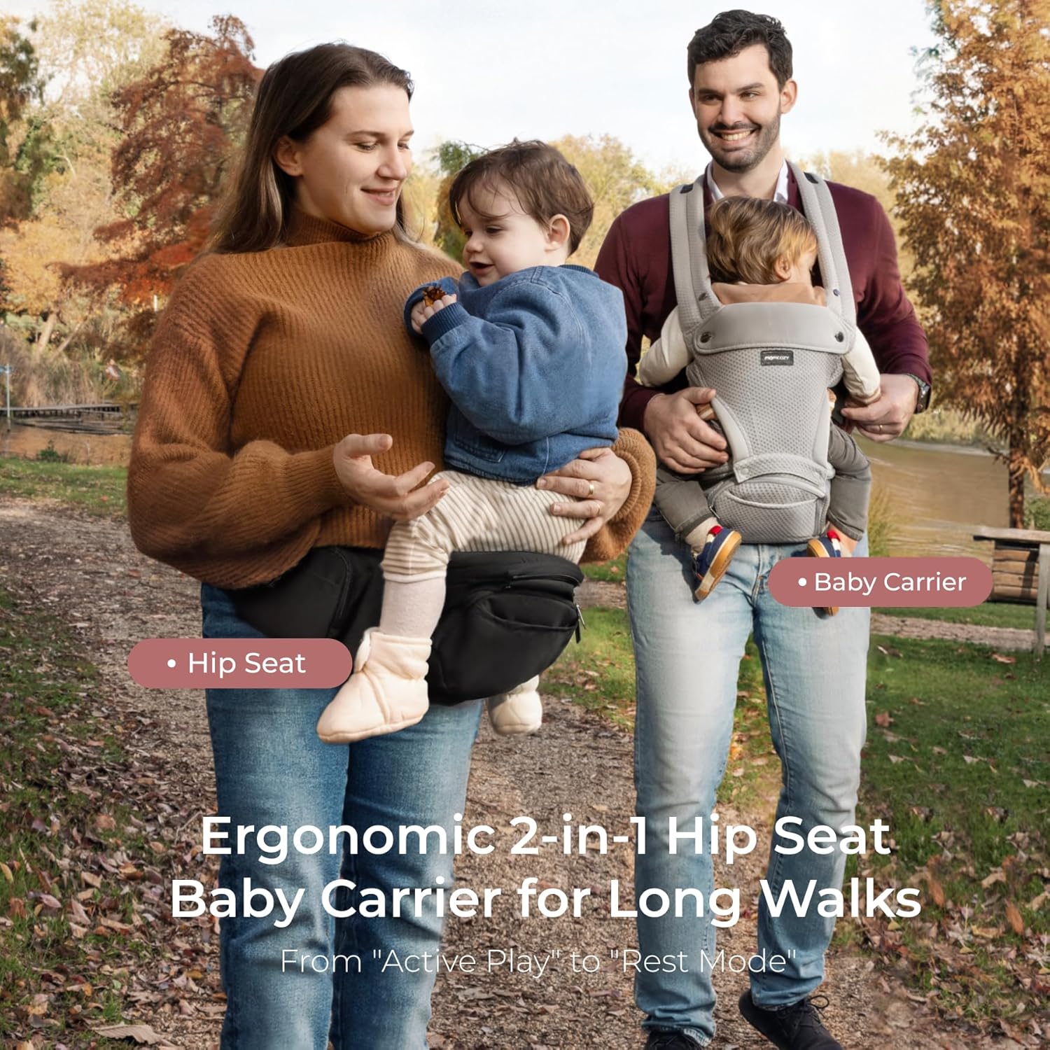 Momcozy Baby Carrier with Hip Seat, 2-in-1 Forward-Facing Carry for Long Walks, Detachable Hands-Free Infant Carrier up to 44lbs, All Seasons Toddler Carrier Fits Waist Sizes up to 45 Inches, Black