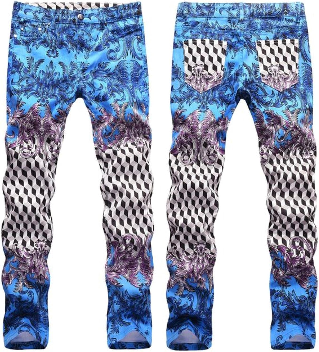 メンズカジュアルパンツメンズレトロスタイルカラフルプリントジーンズ 選択 スリムフィットハイストリートストレッチデニムパンツ ユースマストパンツブルー29 ファッションクール
