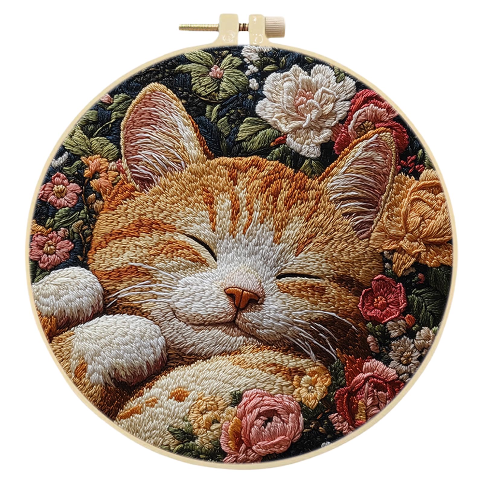 POETRYDRAW Sleepy Kitty DIY Embroidery Kit with Hoop and Needles